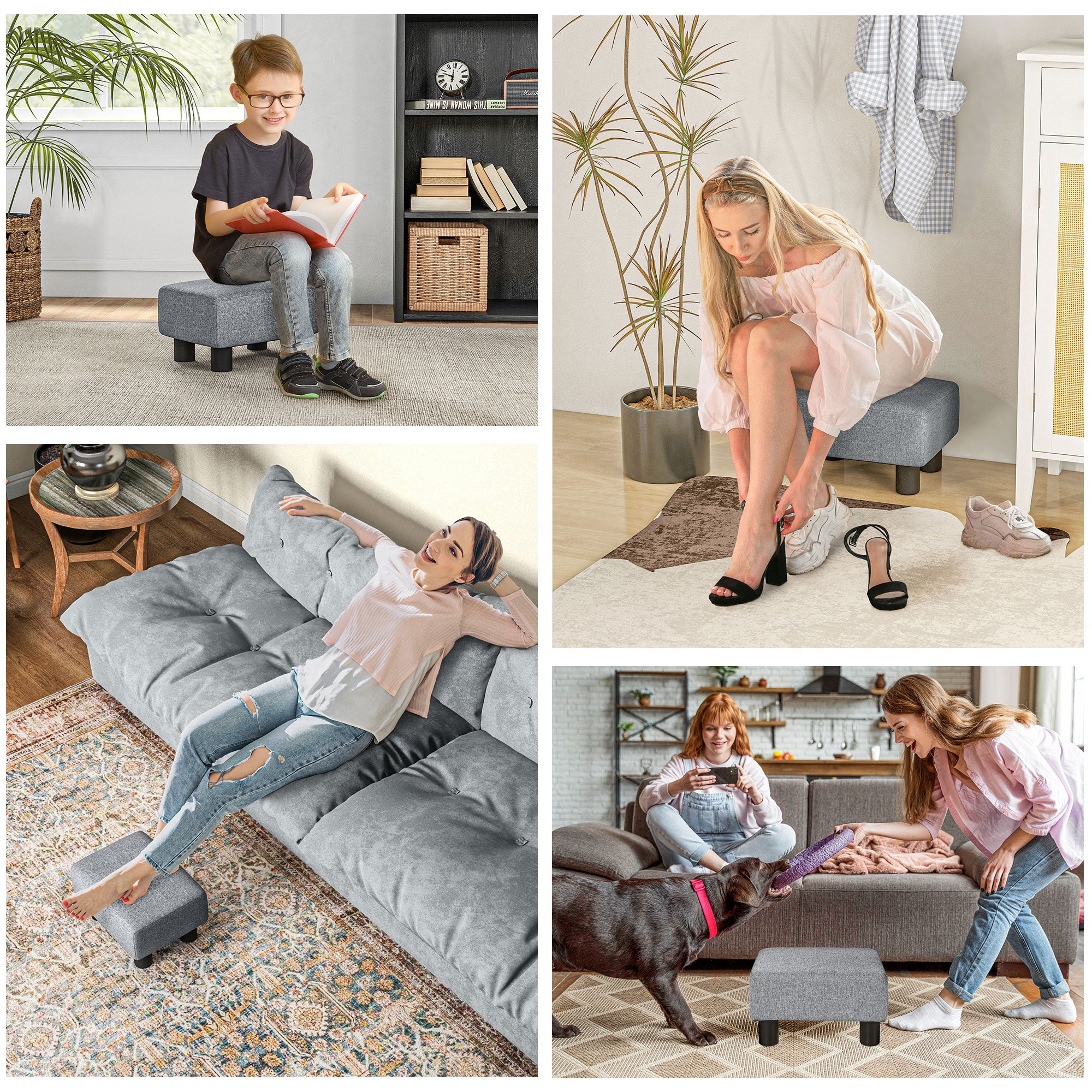 Small Ottoman Foot Rest with Linen Fabric Upholstery & Plastic Legs, Cube, Gray