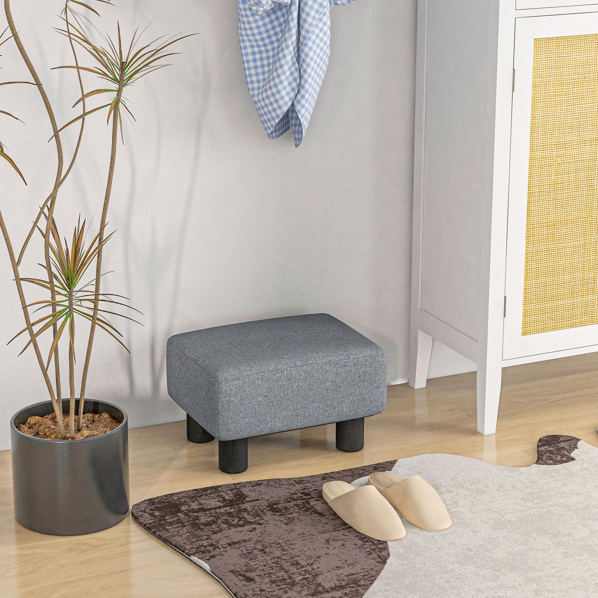 Small Ottoman Foot Rest with Linen Fabric Upholstery & Plastic Legs, Cube, Gray