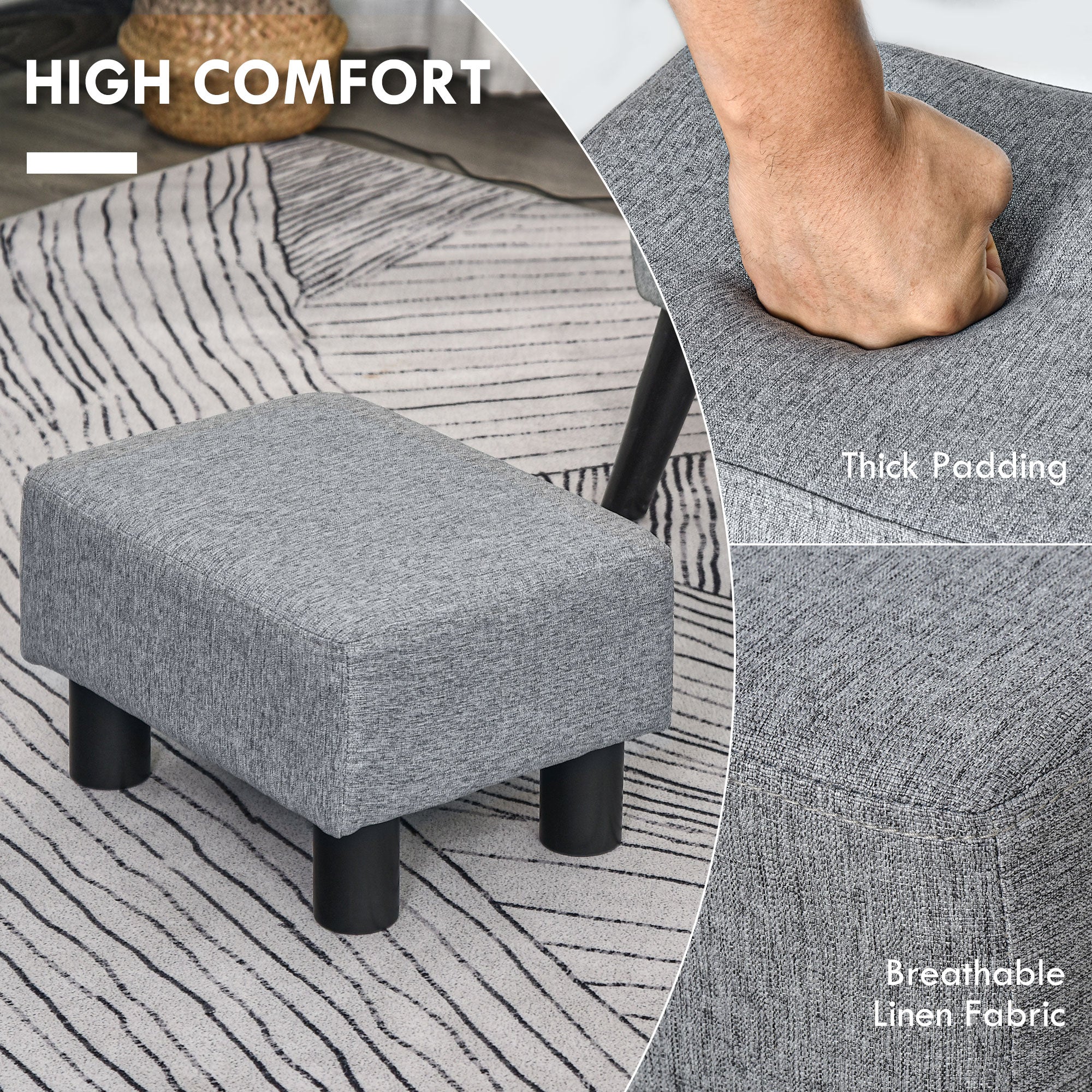 Small Ottoman Foot Rest with Linen Fabric Upholstery & Plastic Legs, Cube, Gray