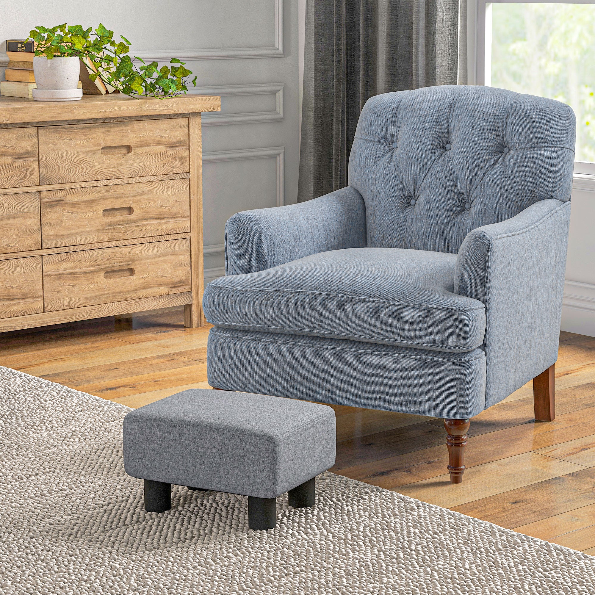 Small Ottoman Foot Rest with Linen Fabric Upholstery & Plastic Legs, Cube, Gray