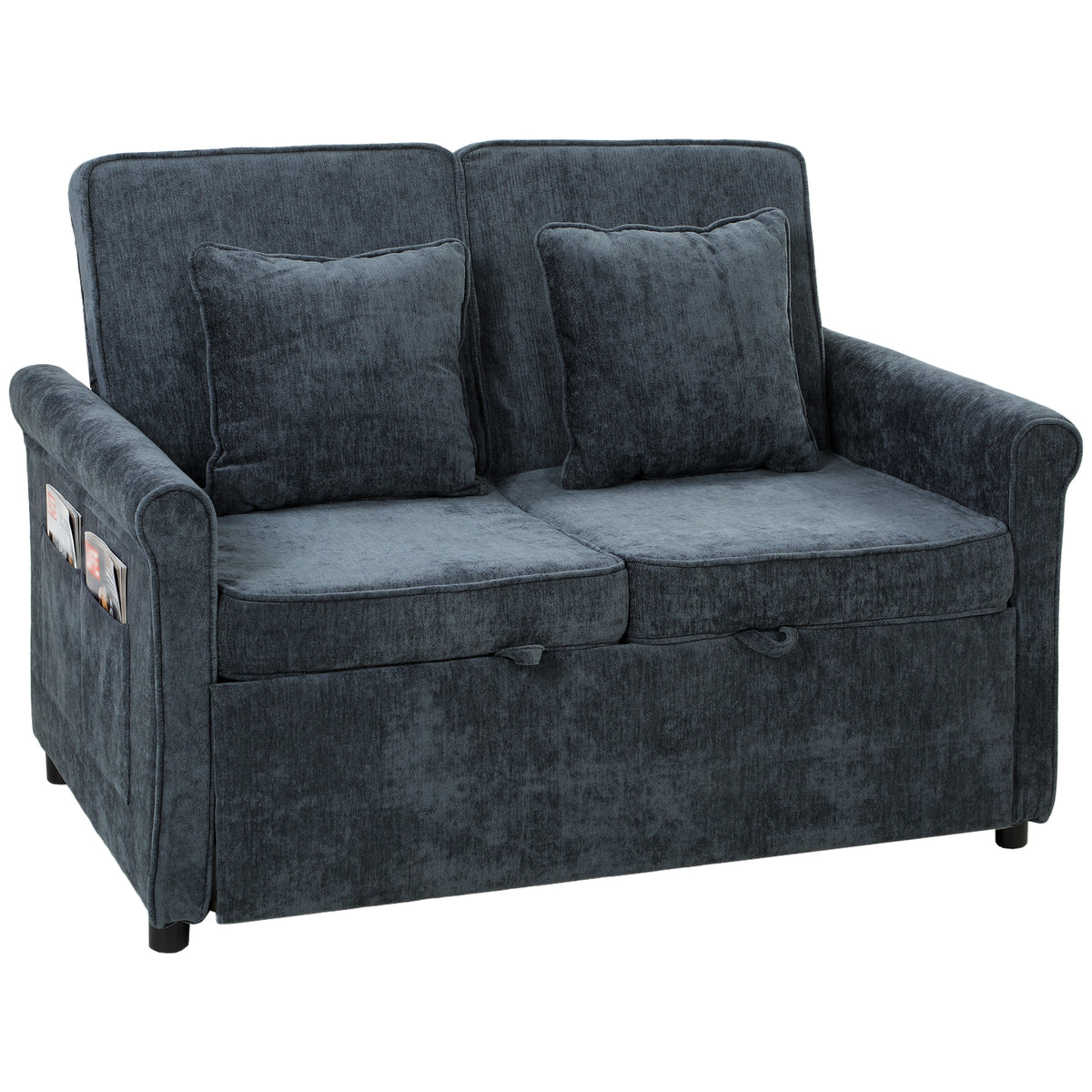 2 Seater Sofa Bed, 3-in-1 Convertible Pull Out Double Sleeper Sofa 190 x 130 cm, 5-Position Adjustable Backrest, Chenille Loveseat Bed Settee for Living Room, Bedroom, Guest Room, Dark Blue