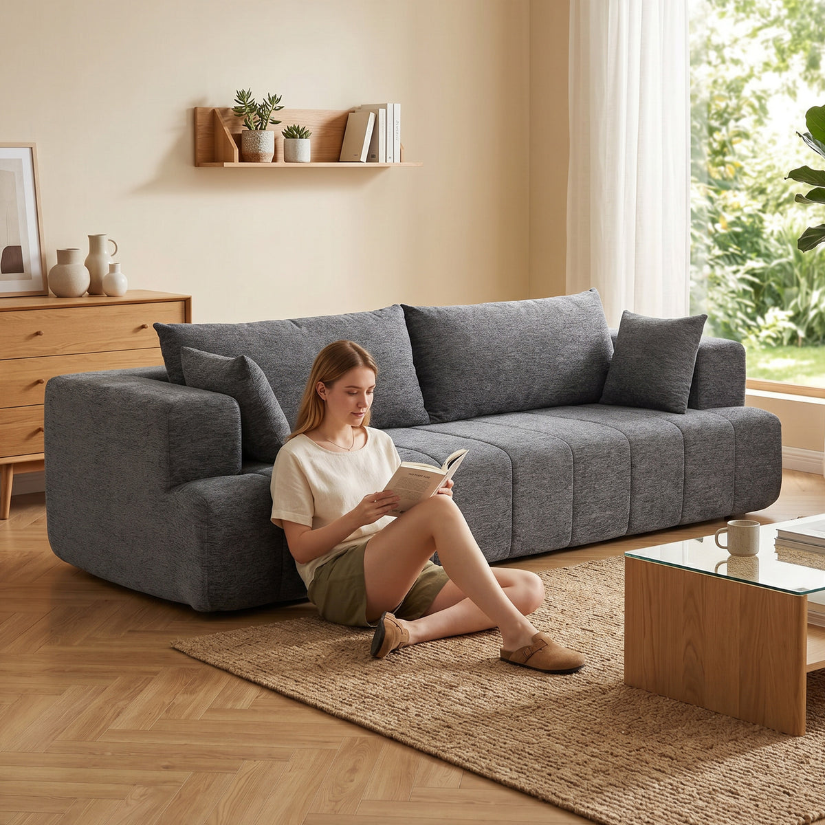 3 Seater Sofa, Chenille Boneless Cloud Couch with Thick Spring Cushion, Wide and Deep Seat, Wide Armrests, 2 Pillows, Anti-Slip Bottom, Modern Sofa Settee for Living Room, Grey