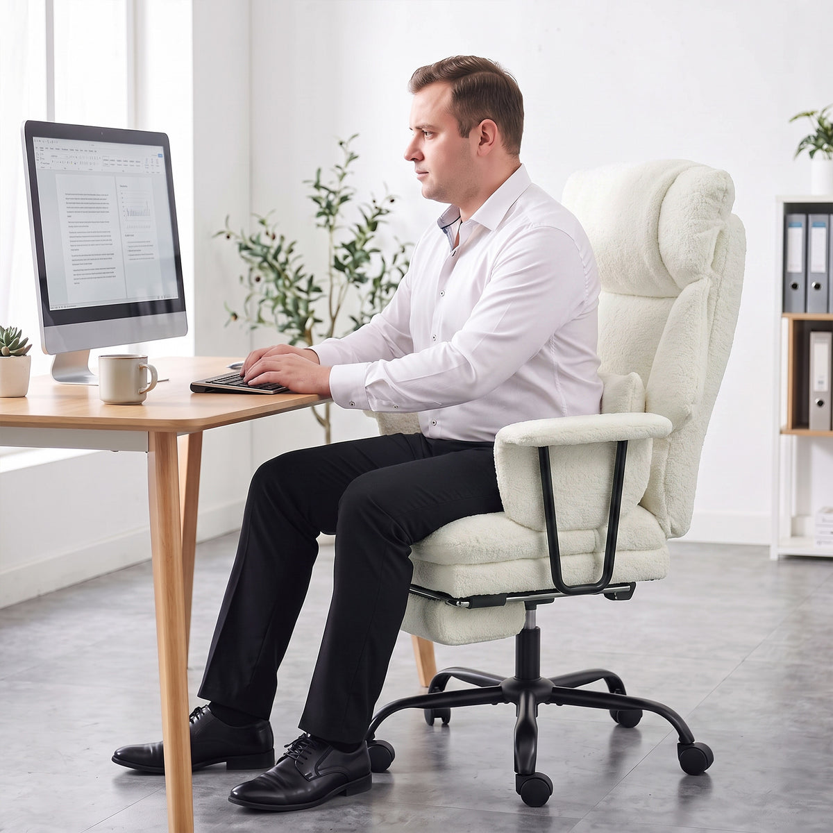 Office Chair, 400 lbs Heavy Duty Raindrop Velvet Computer Desk Chair with Lumbar Support, Wide Seat, Spring Cushion, Reclining Backrest, Footrest, Swivel Wheels, Cream White