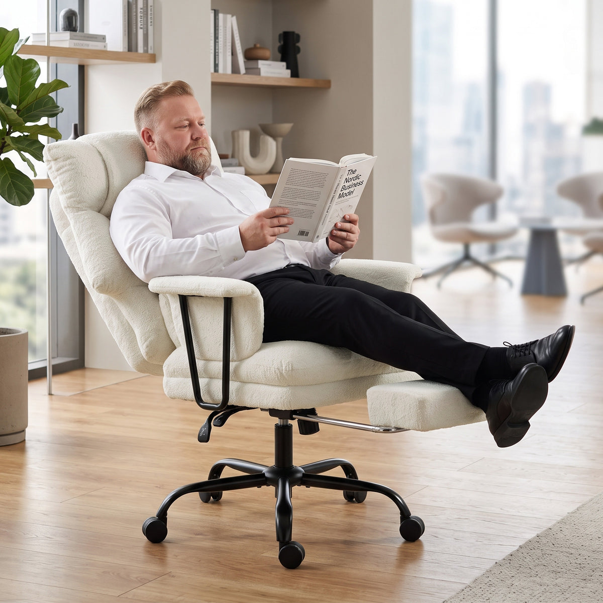 Office Chair, 400 lbs Heavy Duty Raindrop Velvet Computer Desk Chair with Lumbar Support, Wide Seat, Spring Cushion, Reclining Backrest, Footrest, Swivel Wheels, Cream White