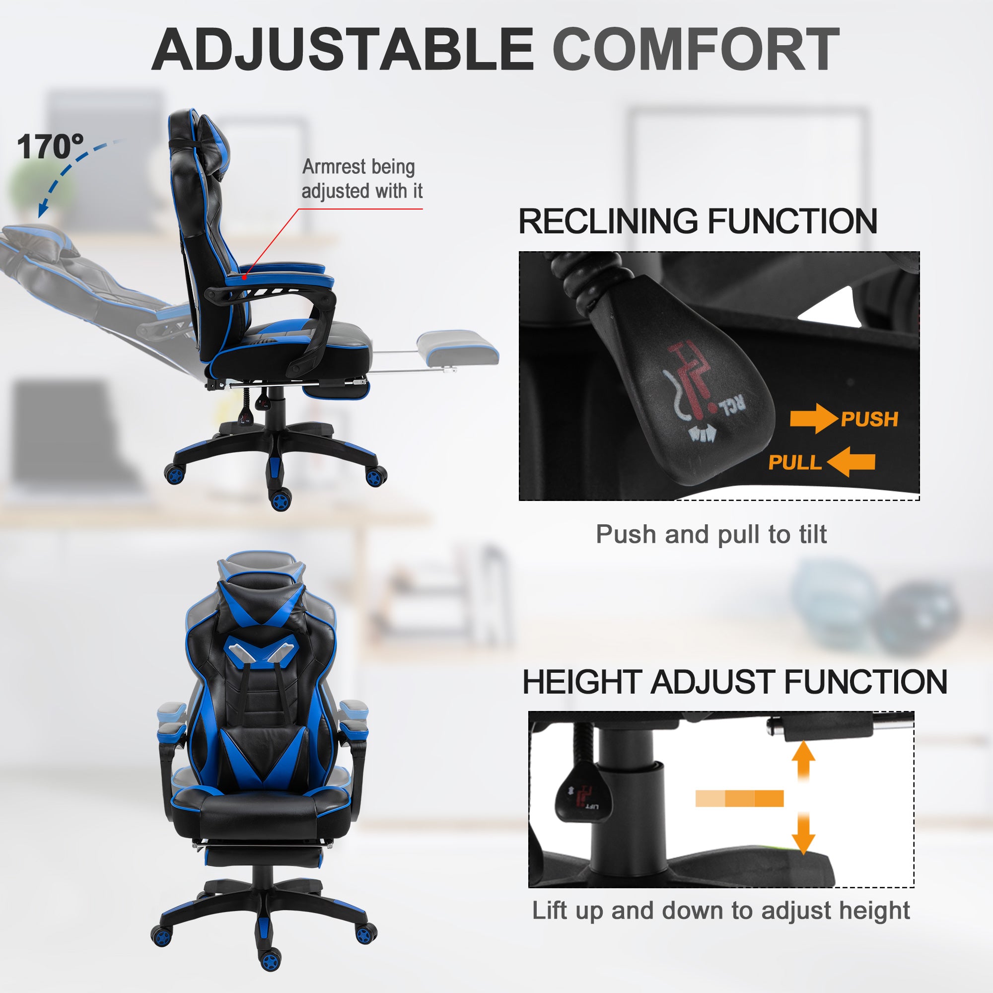 Vinsetto Computer Gaming Chair, Racing Desk Chair with Lumbar Support and Footrest, PU Leather Gamer Chair with Headrest and Swivel Wheels for Home, Blue