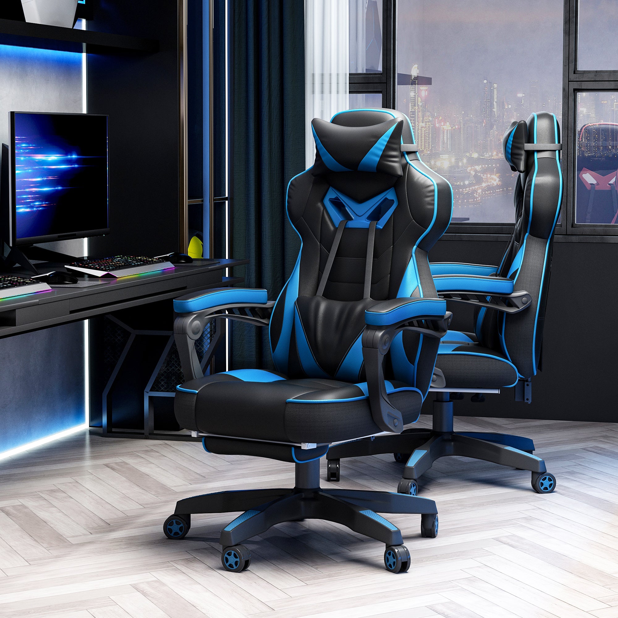 Vinsetto Computer Gaming Chair, Racing Desk Chair with Lumbar Support and Footrest, PU Leather Gamer Chair with Headrest and Swivel Wheels for Home, Blue