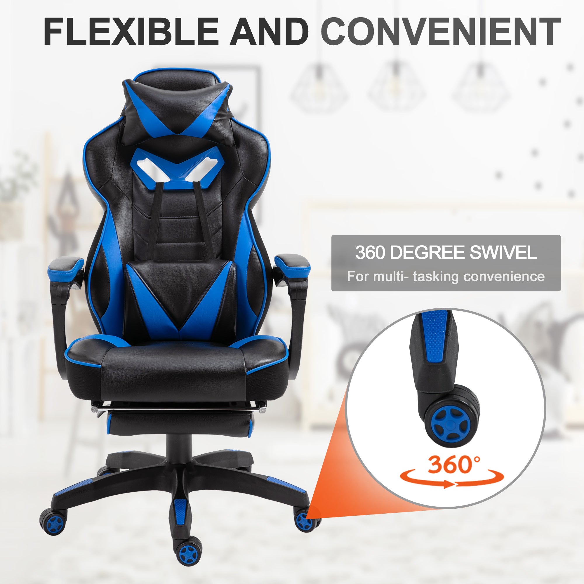 Vinsetto Computer Gaming Chair, Racing Desk Chair with Lumbar Support and Footrest, PU Leather Gamer Chair with Headrest and Swivel Wheels for Home, Blue