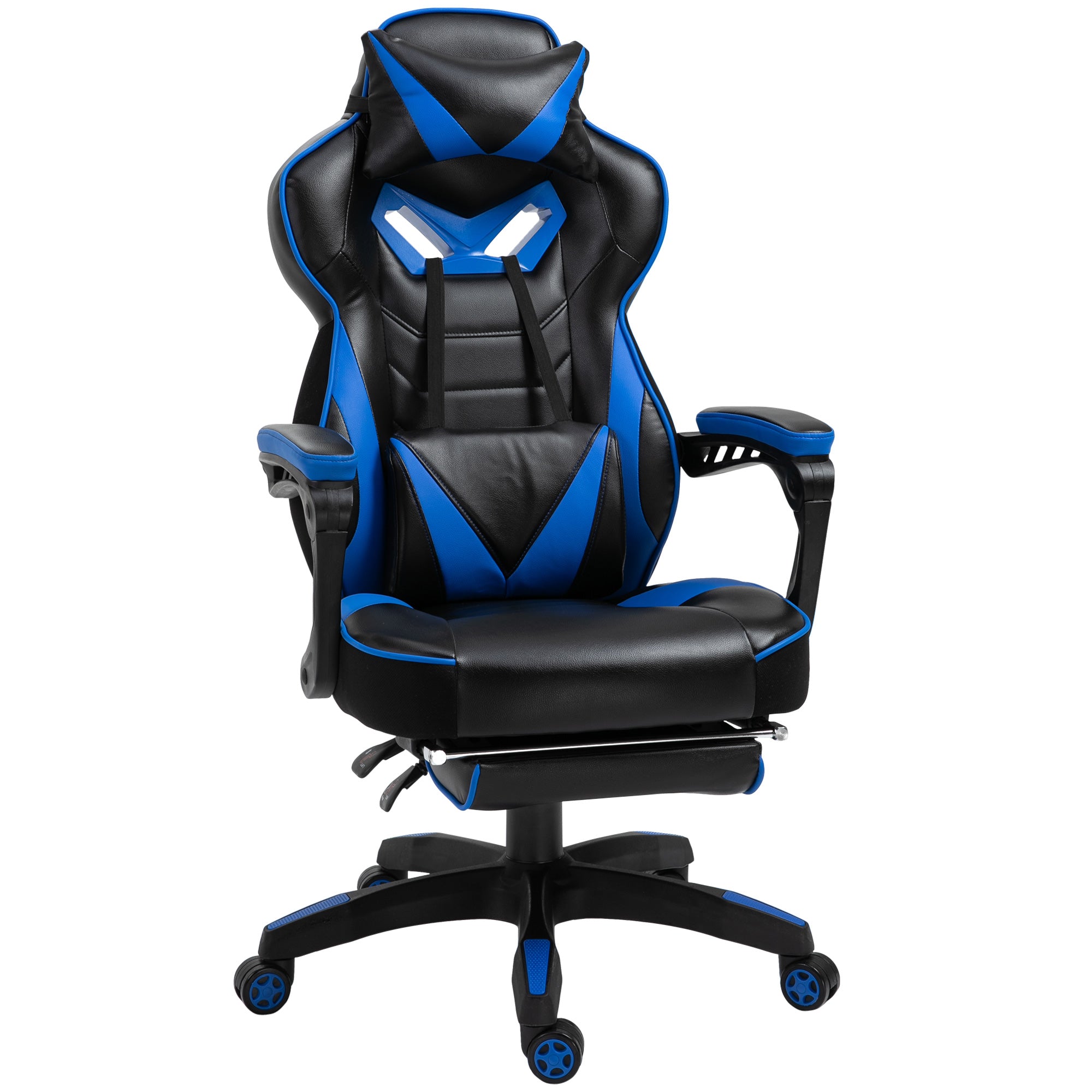Vinsetto Computer Gaming Chair, Racing Desk Chair with Lumbar Support and Footrest, PU Leather Gamer Chair with Headrest and Swivel Wheels for Home, Blue