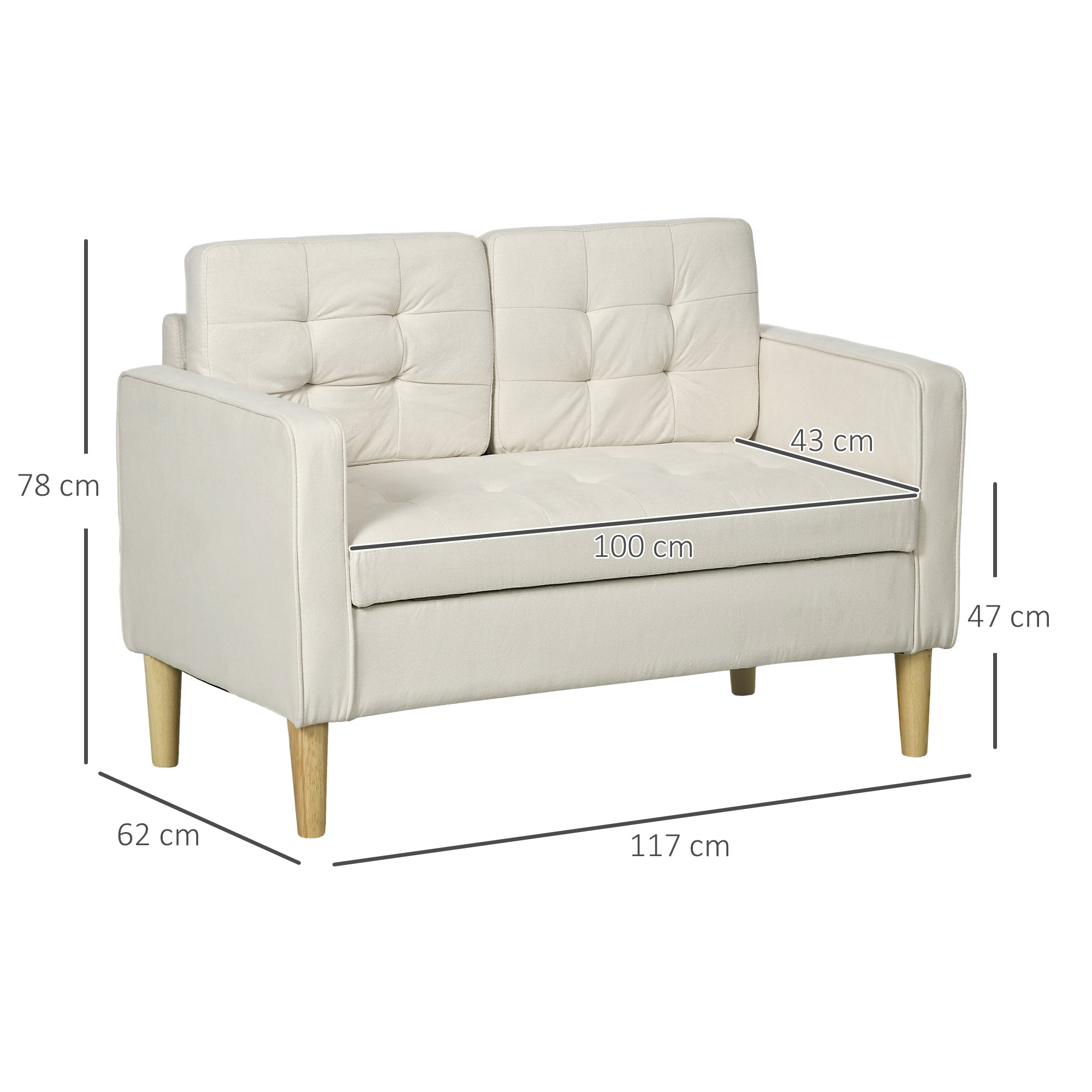 HOMCOM Modern 2 Seater Sofa with Hidden Storage, 117cm Tufted Cotton Couch with Wood Legs, Compact Loveseat for Living Room, Kitchen, Cream White