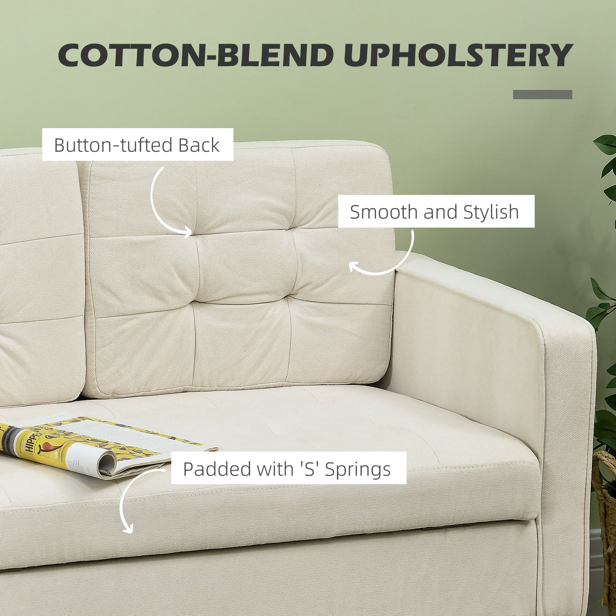 HOMCOM Modern 2 Seater Sofa with Hidden Storage, 117cm Tufted Cotton Couch with Wood Legs, Compact Loveseat for Living Room, Kitchen, Cream White