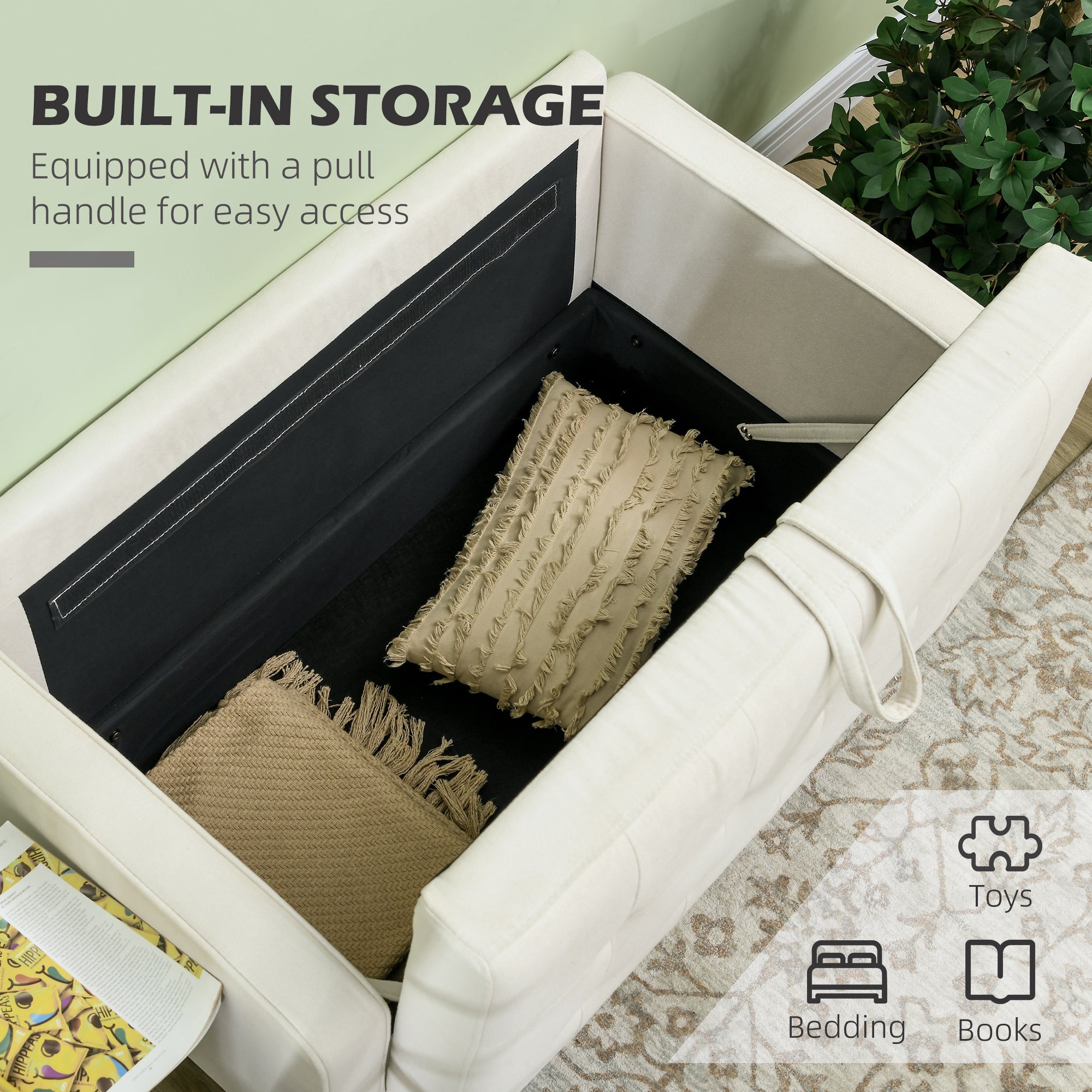 HOMCOM Modern 2 Seater Sofa with Hidden Storage, 117cm Tufted Cotton Couch with Wood Legs, Compact Loveseat for Living Room, Kitchen, Cream White