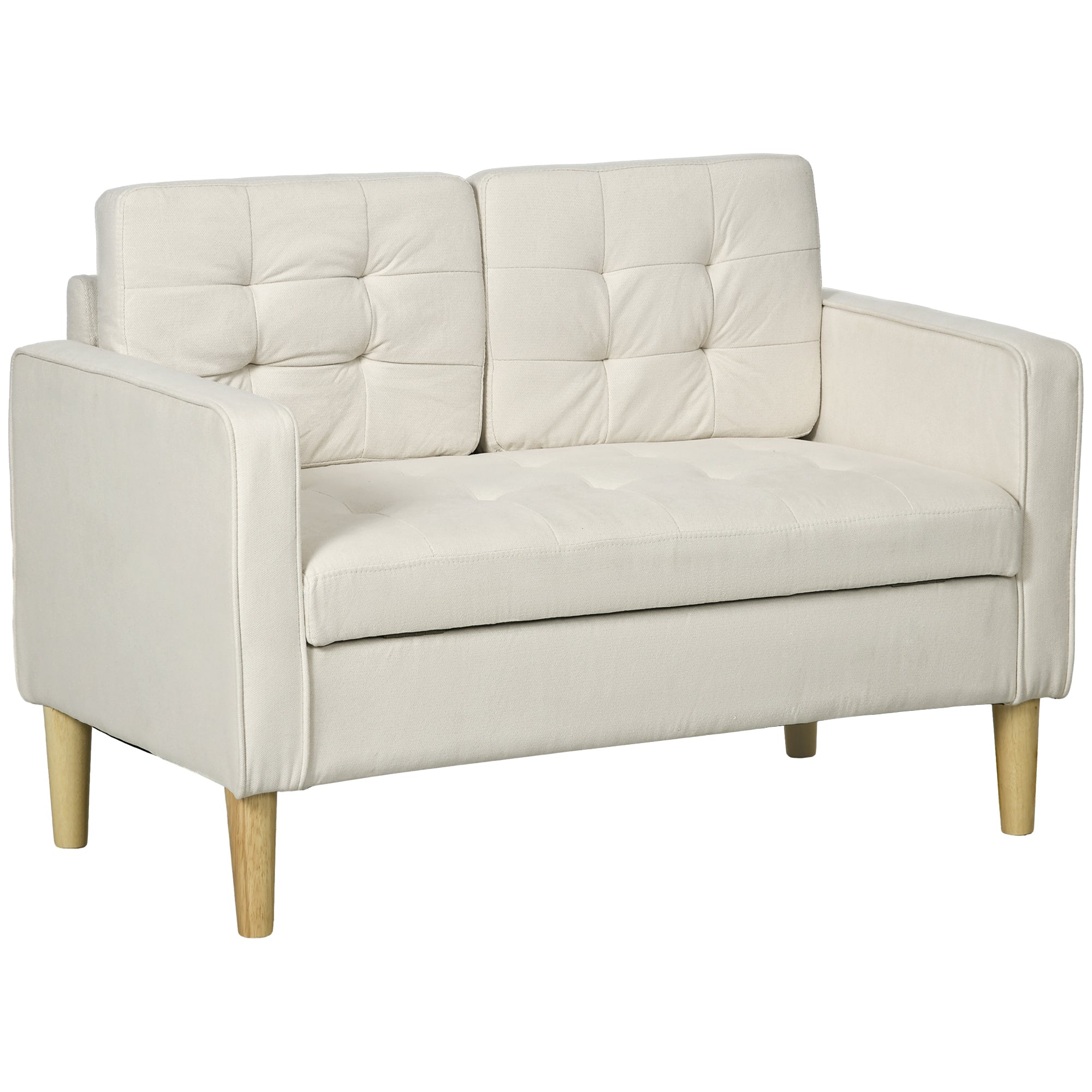 HOMCOM Modern 2 Seater Sofa with Hidden Storage, 117cm Tufted Cotton Couch with Wood Legs, Compact Loveseat for Living Room, Kitchen, Cream White