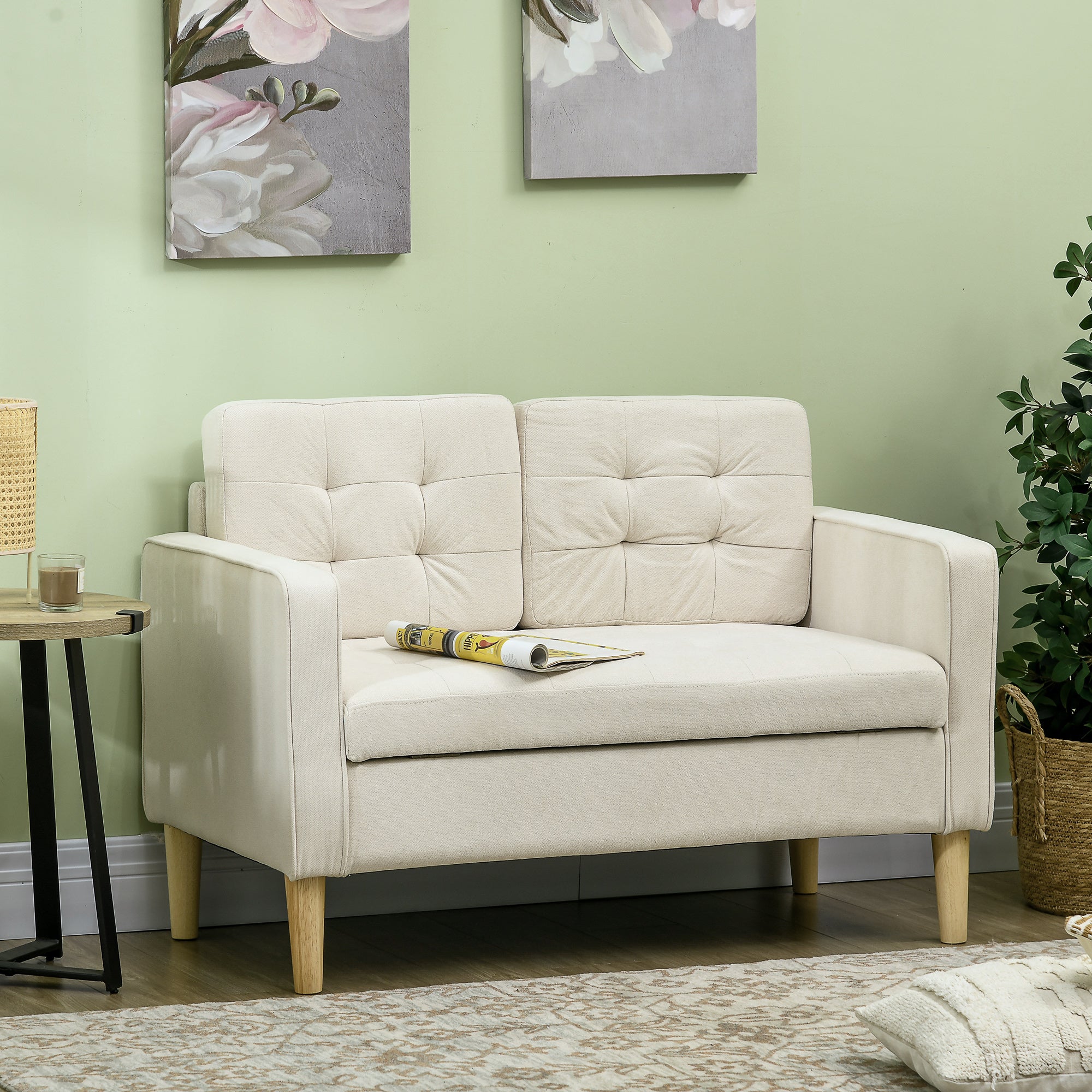 HOMCOM Modern 2 Seater Sofa with Hidden Storage, 117cm Tufted Cotton Couch with Wood Legs, Compact Loveseat for Living Room, Kitchen, Cream White