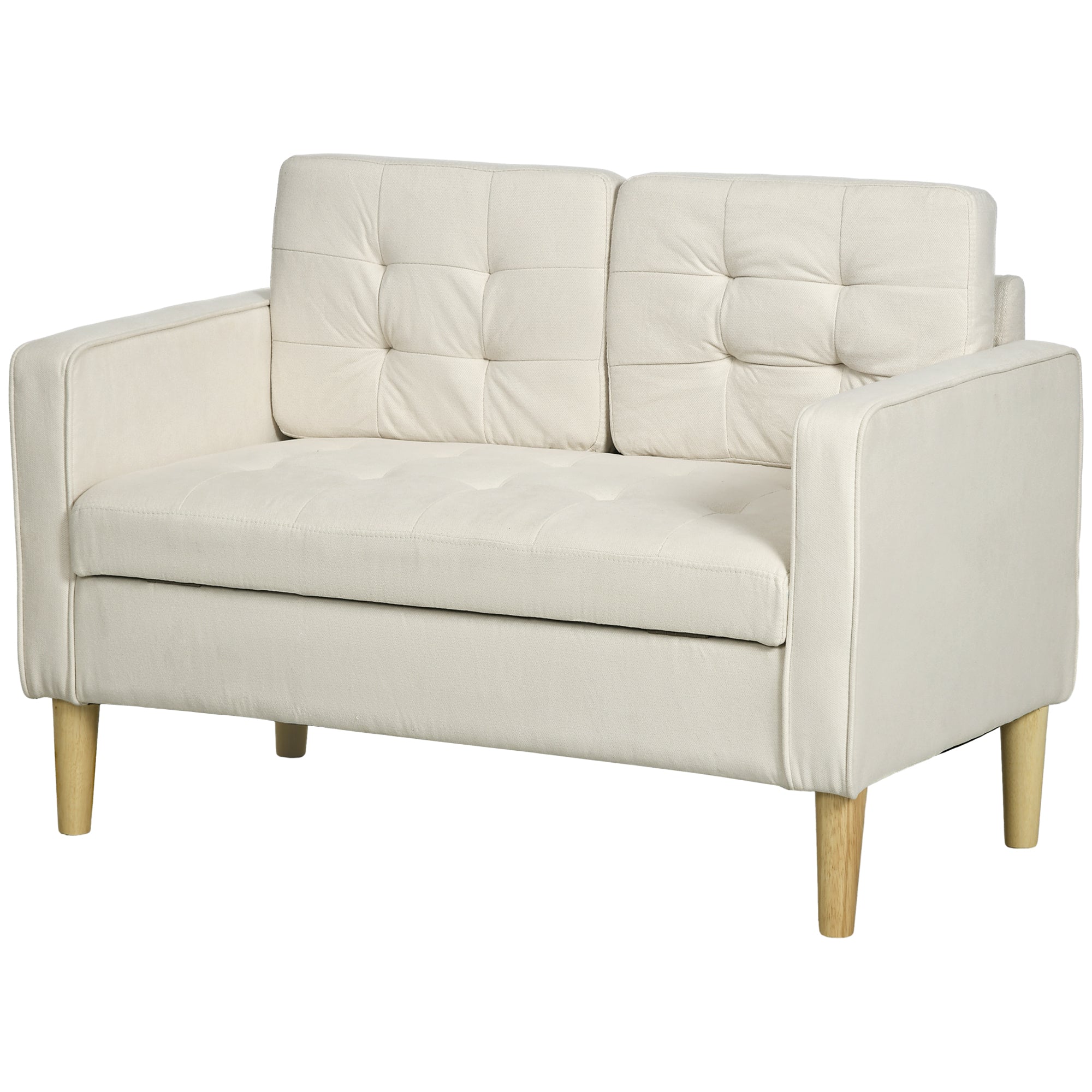 HOMCOM Modern 2 Seater Sofa with Hidden Storage, 117cm Tufted Cotton Couch with Wood Legs, Compact Loveseat for Living Room, Kitchen, Cream White