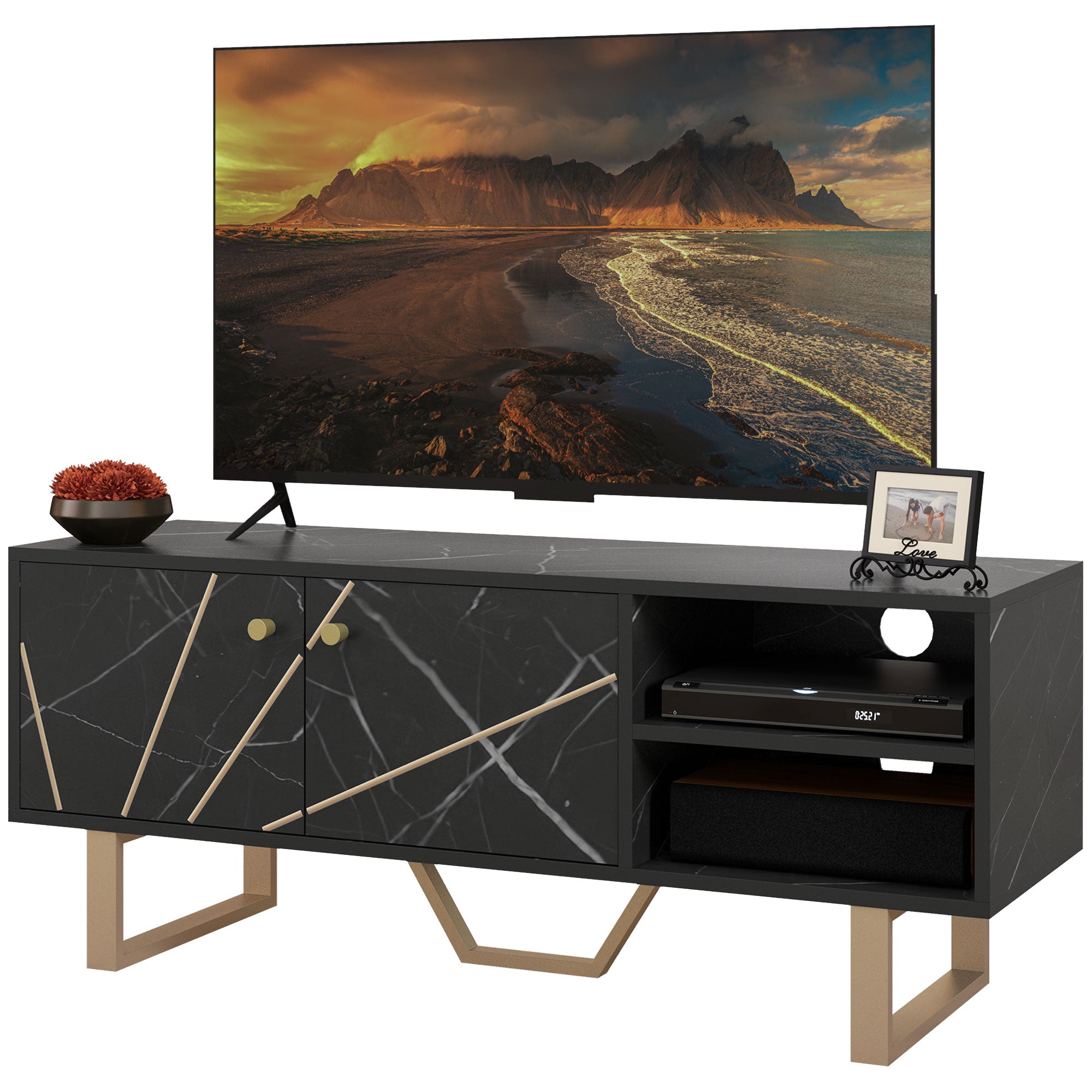 HOMCOM TV Stand Cabinet for TVs up to 50 Inches, TV Unit with Storage Shelves and Cupboard for Living Room, Black Marble Tone