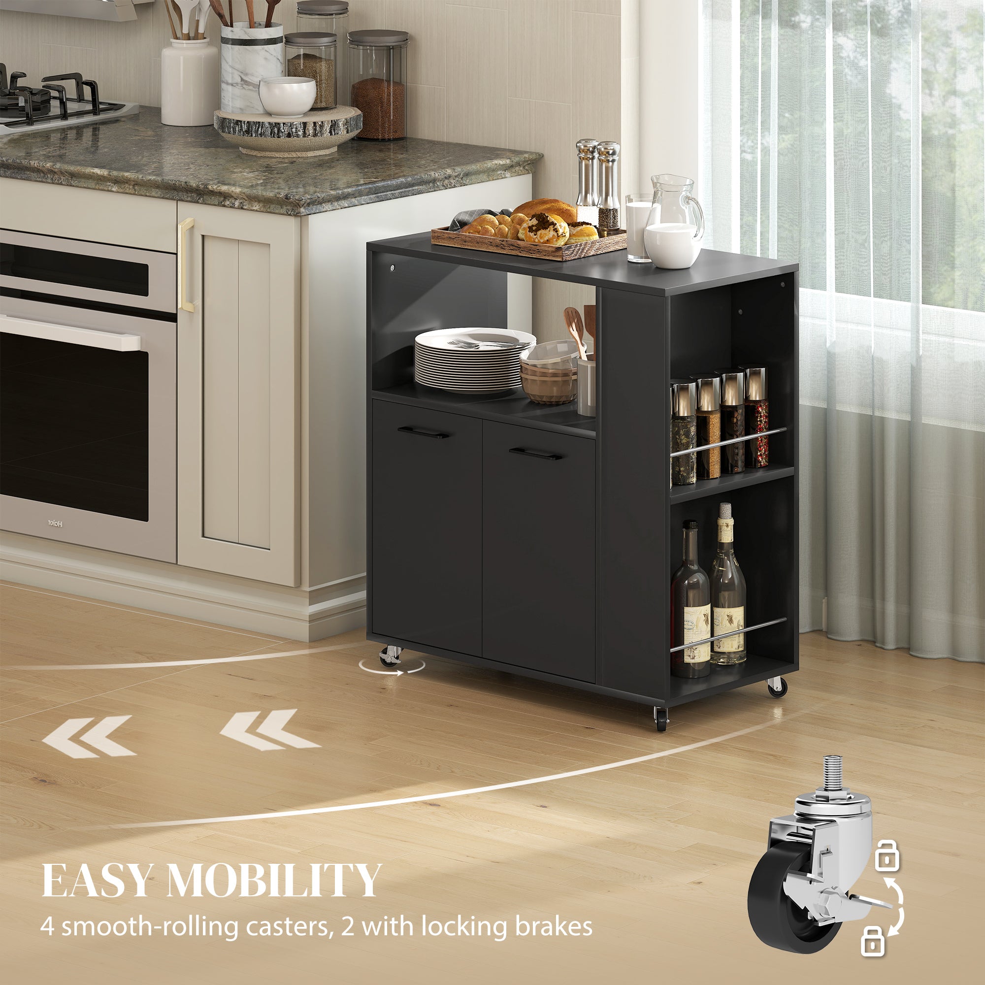Kitchen Trolley on Wheels, Rolling Kitchen Island Cart with 2-Door Cabinet, Spice Rack and Adjustable Shelf, Storage Serving Trolley Cart for Dining Room, Living Room, Black