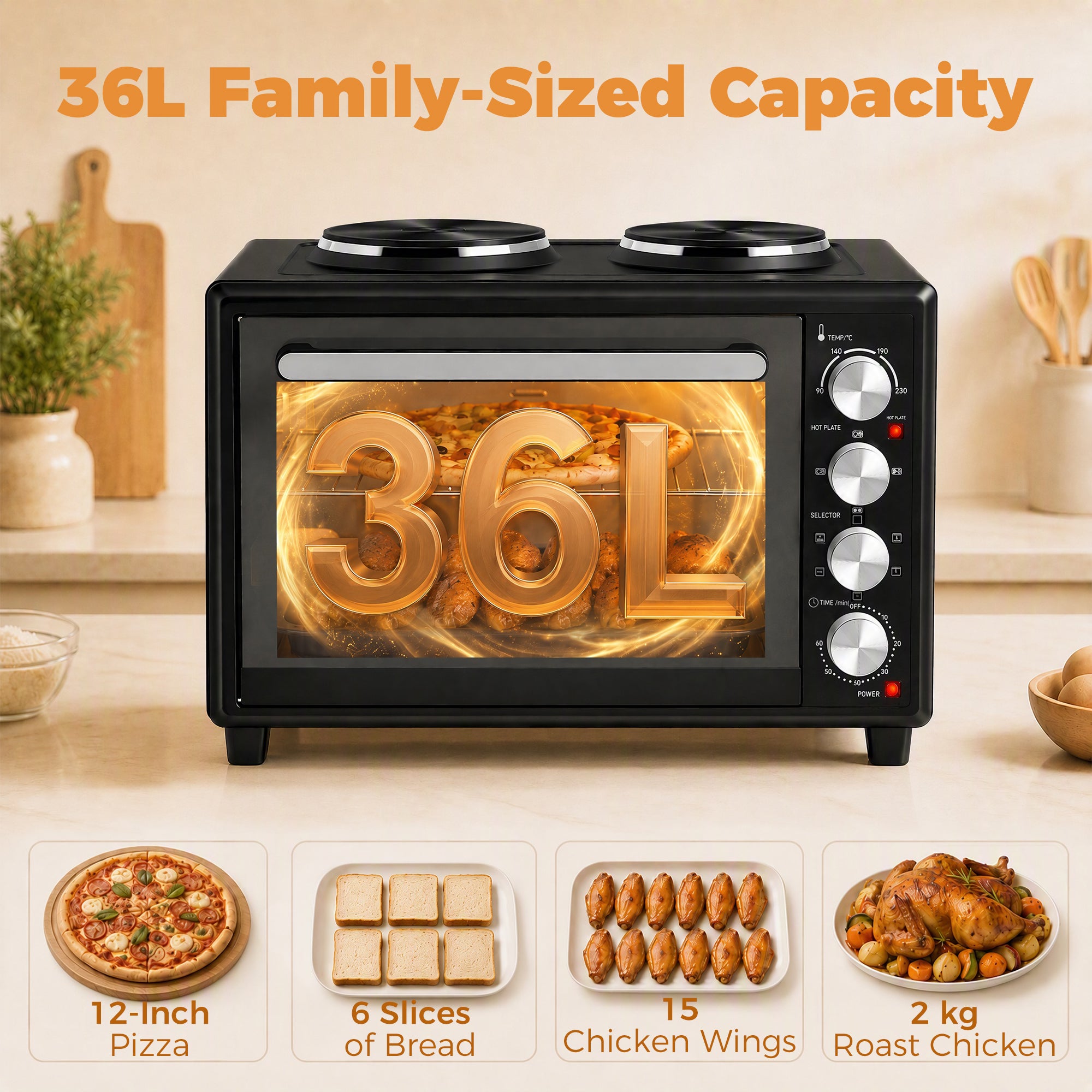 36L Mini Oven with Dual Hot Plates, Electric Countertop Cooker with Convection, 90–230°C Adjustable Temperature, 60 Minute Timer, Portable Oven with Wire Rack & Baking Tray, 1500W, Black