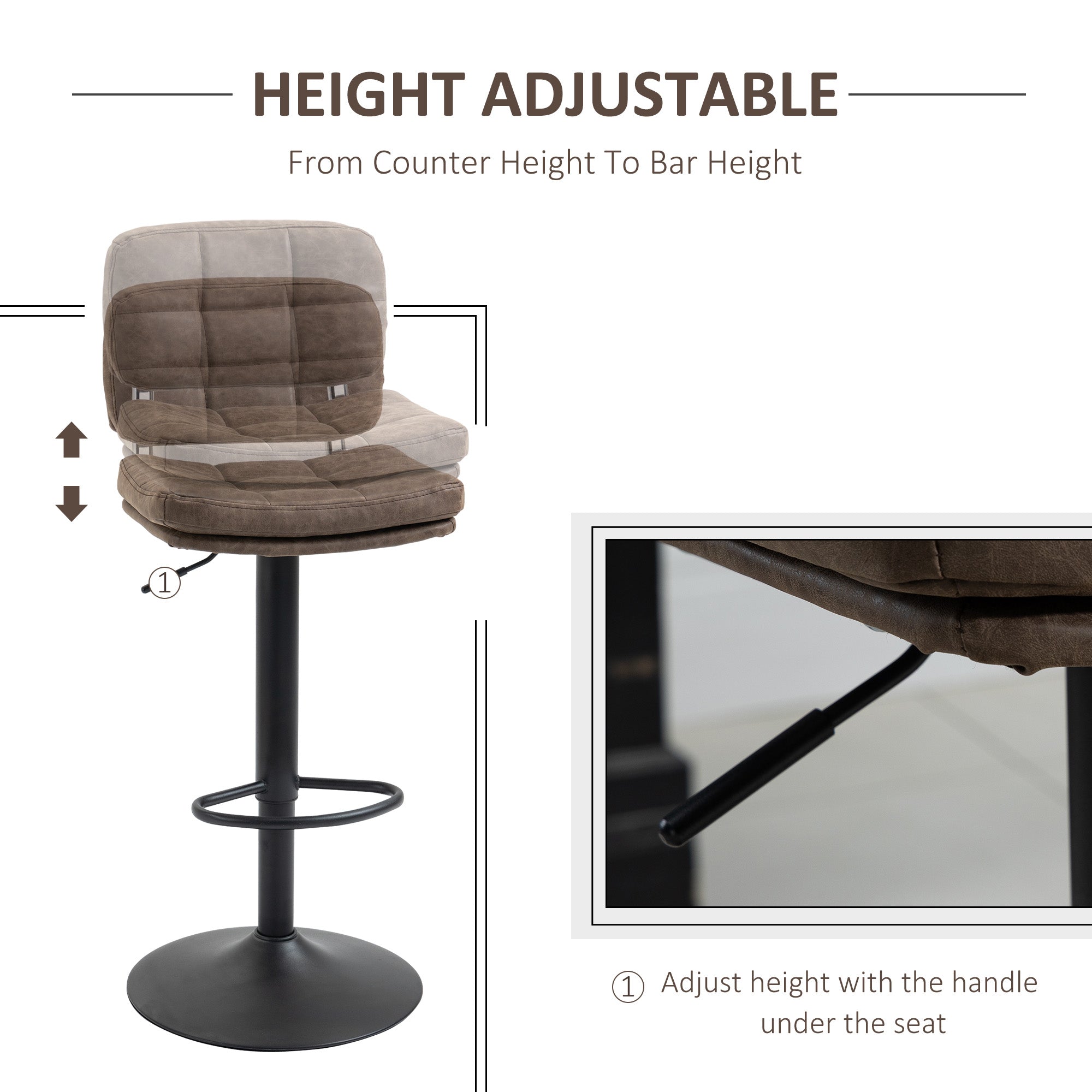 Bar Stools Set of 2, Swivel Counter Height Barstools with Adjustable Height, Back and Footrest, PU Leather Upholstered Bar Chairs for Home Kitchen Island, Brown and Black