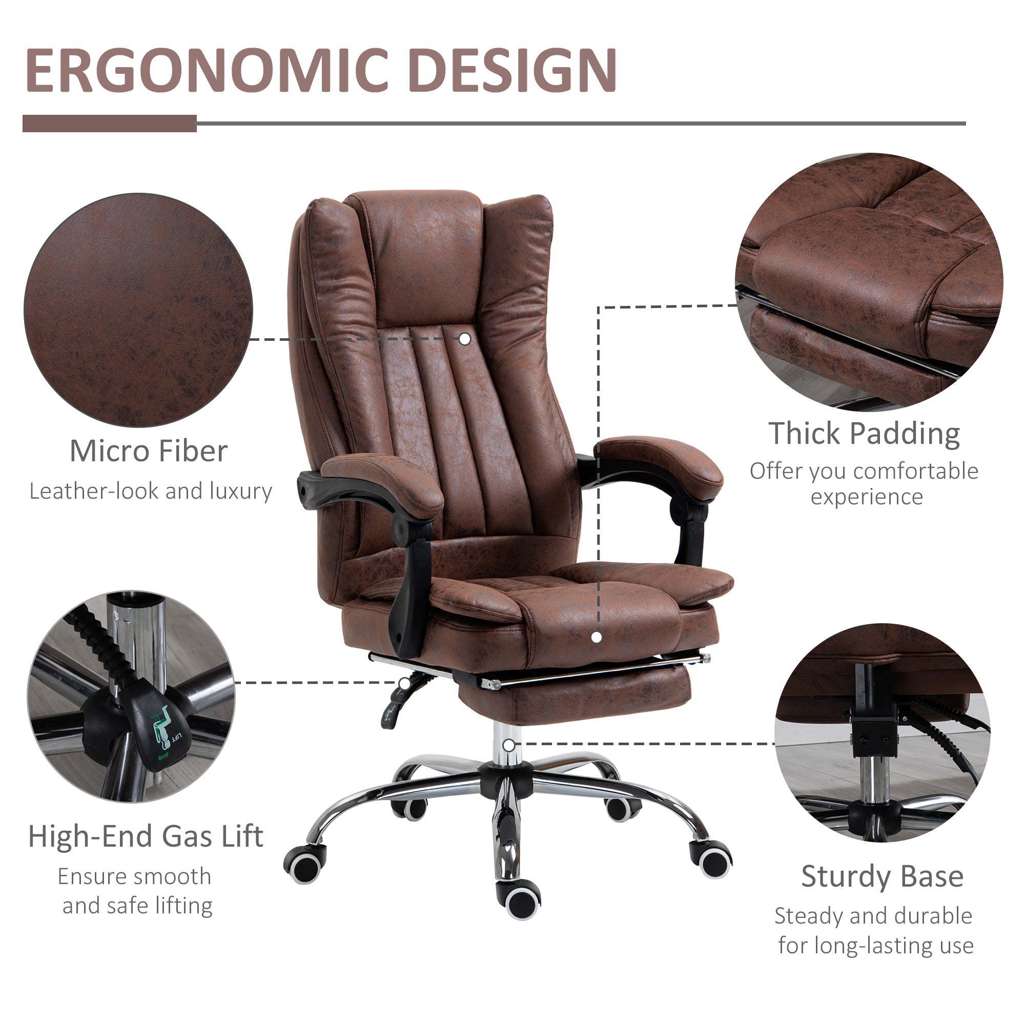Vinsetto Office Chair, Microfibre Reclining Computer Desk Chair with Footrest and Adjustable Height, Swivel Wheels for Home Office, Brown
