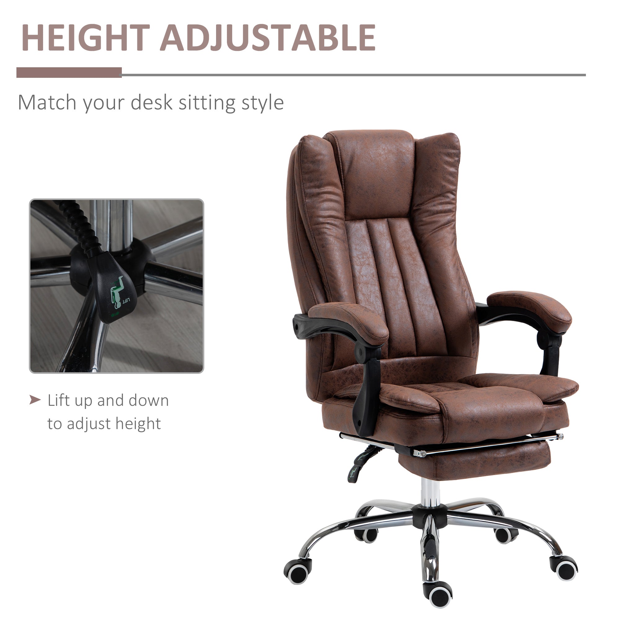 Vinsetto Office Chair, Microfibre Reclining Computer Desk Chair with Footrest and Adjustable Height, Swivel Wheels for Home Office, Brown