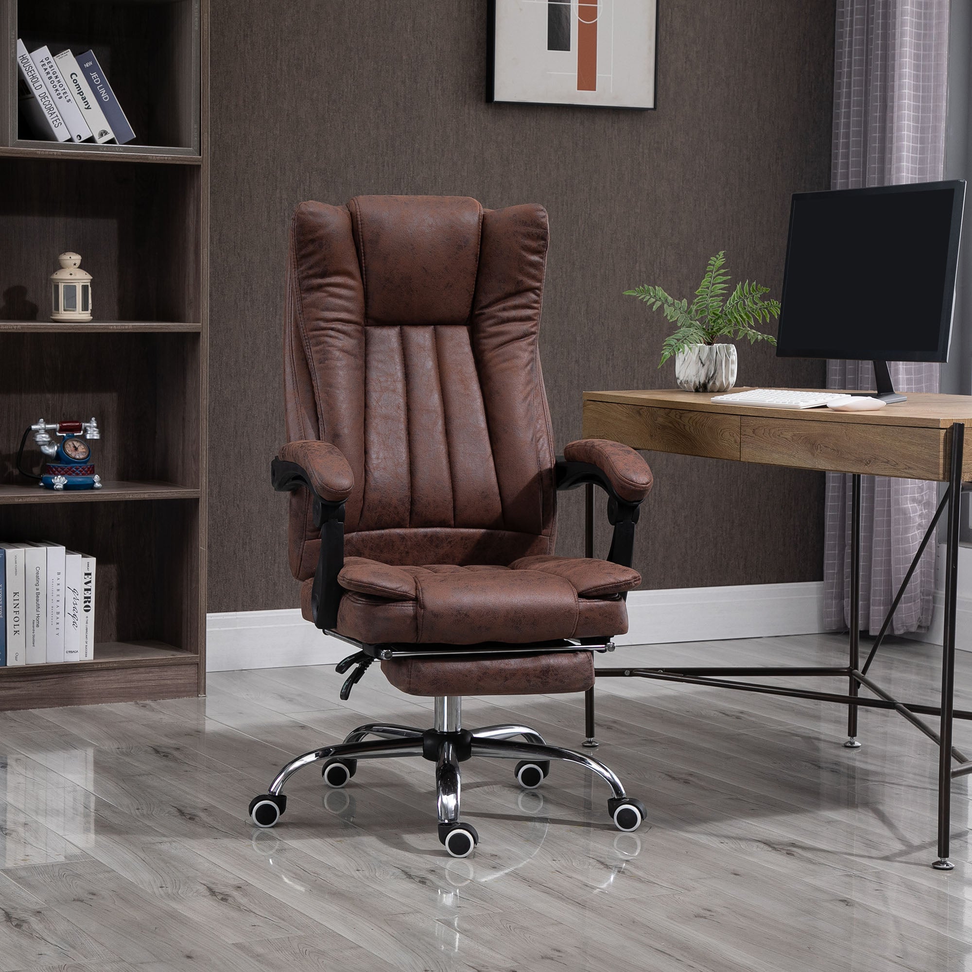 Vinsetto Office Chair, Microfibre Reclining Computer Desk Chair with Footrest and Adjustable Height, Swivel Wheels for Home Office, Brown