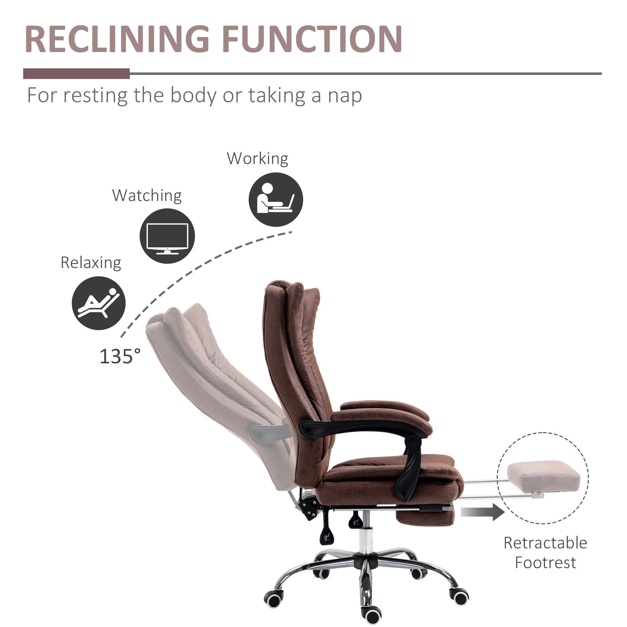 Vinsetto Office Chair, Microfibre Reclining Computer Desk Chair with Footrest and Adjustable Height, Swivel Wheels for Home Office, Brown