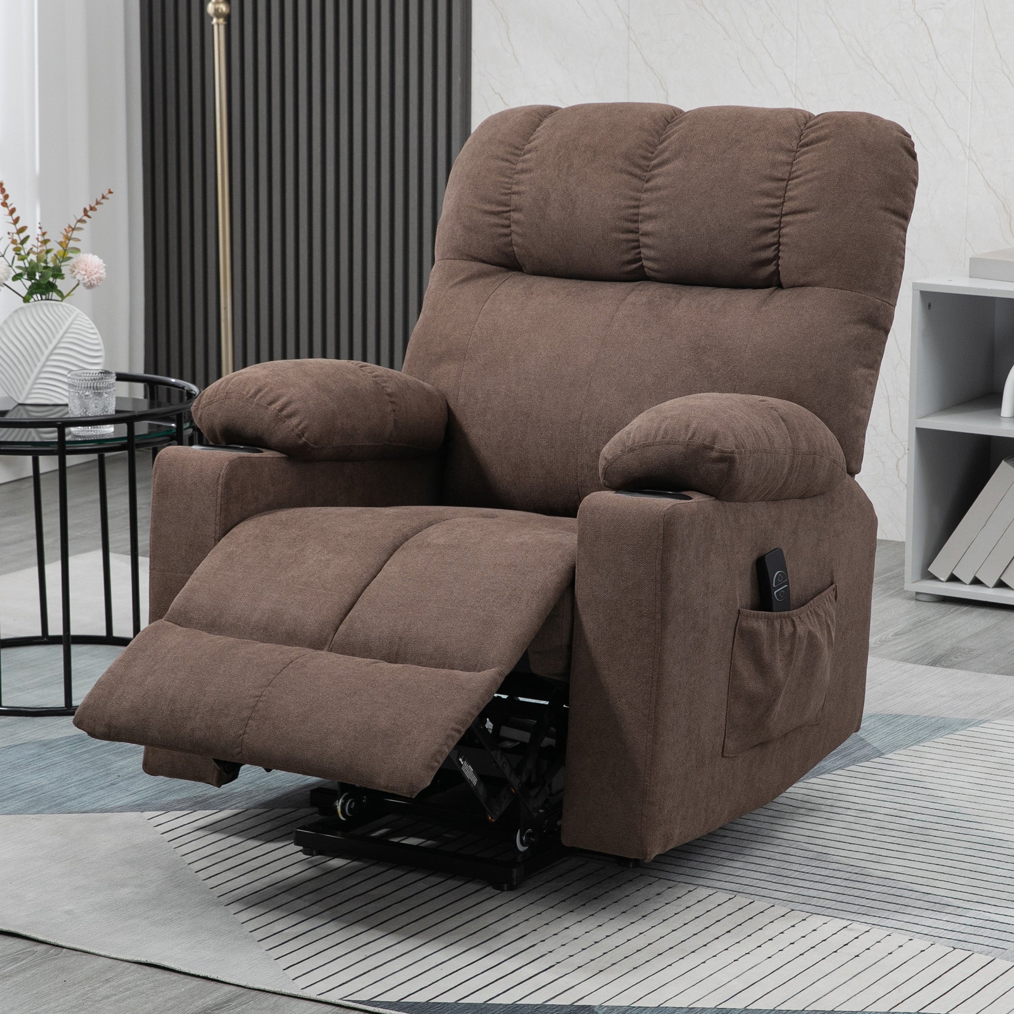 HOMCOM Power Lift Chair Recliner for Elderly, Velvet-touch Fabric Electric Riser and Recliner Chair for Living Room with Remote Control, Side Pockets, Cup Holders, Dark Brown