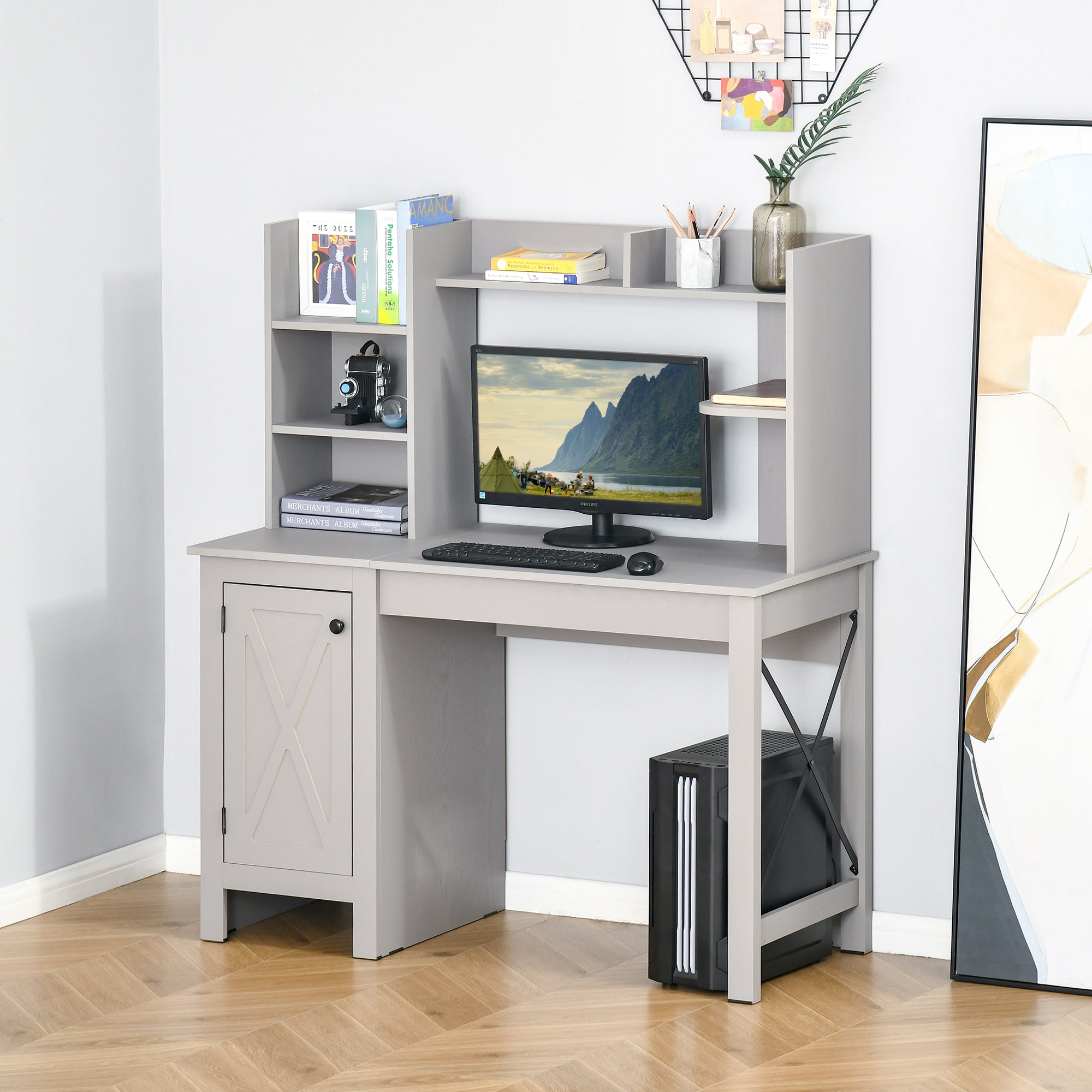 Computer Desk with Hutch Home Office Desk with Storage Cabinet Light Grey