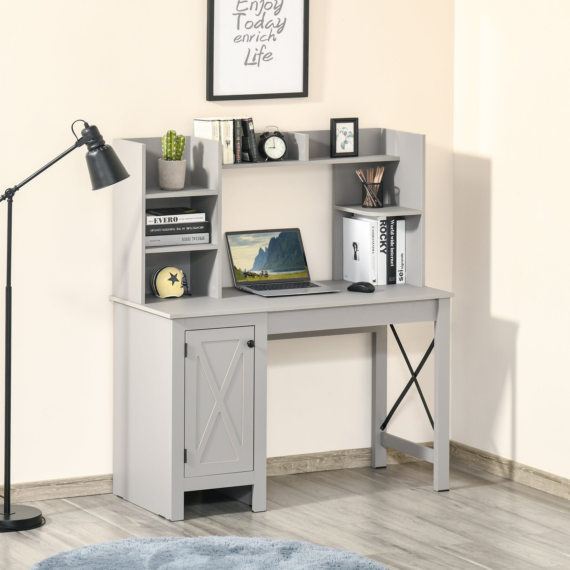 Computer Desk with Hutch Home Office Desk with Storage Cabinet Light Grey