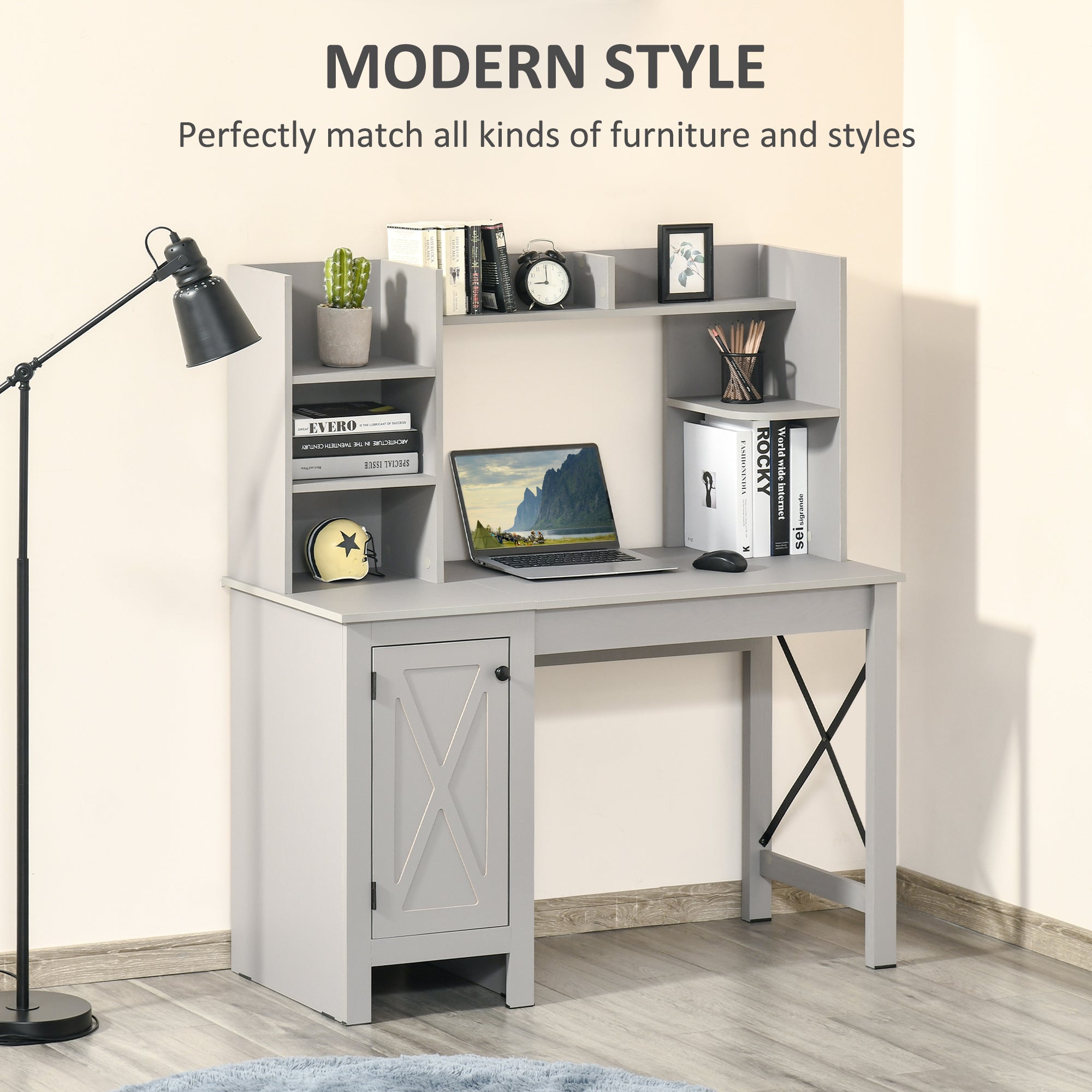 Computer Desk with Hutch Home Office Desk with Storage Cabinet Light Grey
