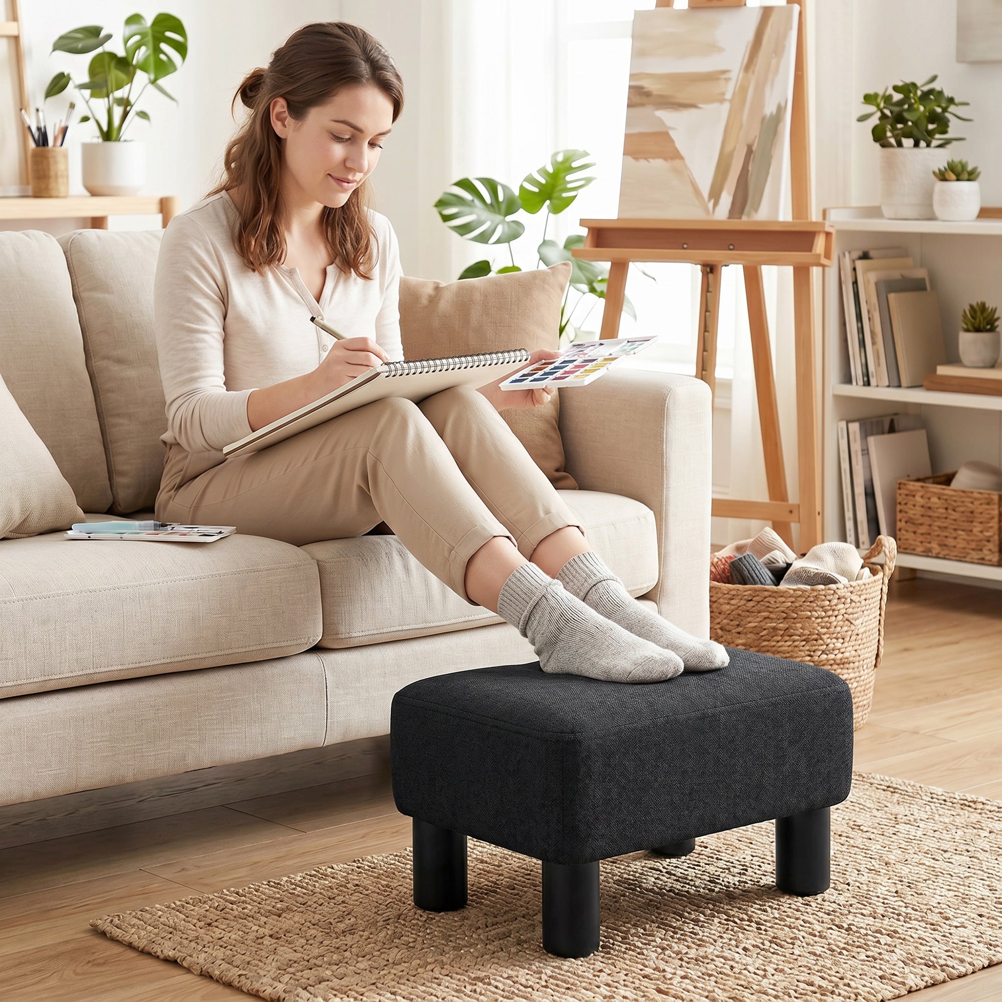 Linen-Look Fabric Foot Stool Footrest Small Seat Footrest Chair Ottoman Home Office with Legs 40 x 30 x 24cm, Black