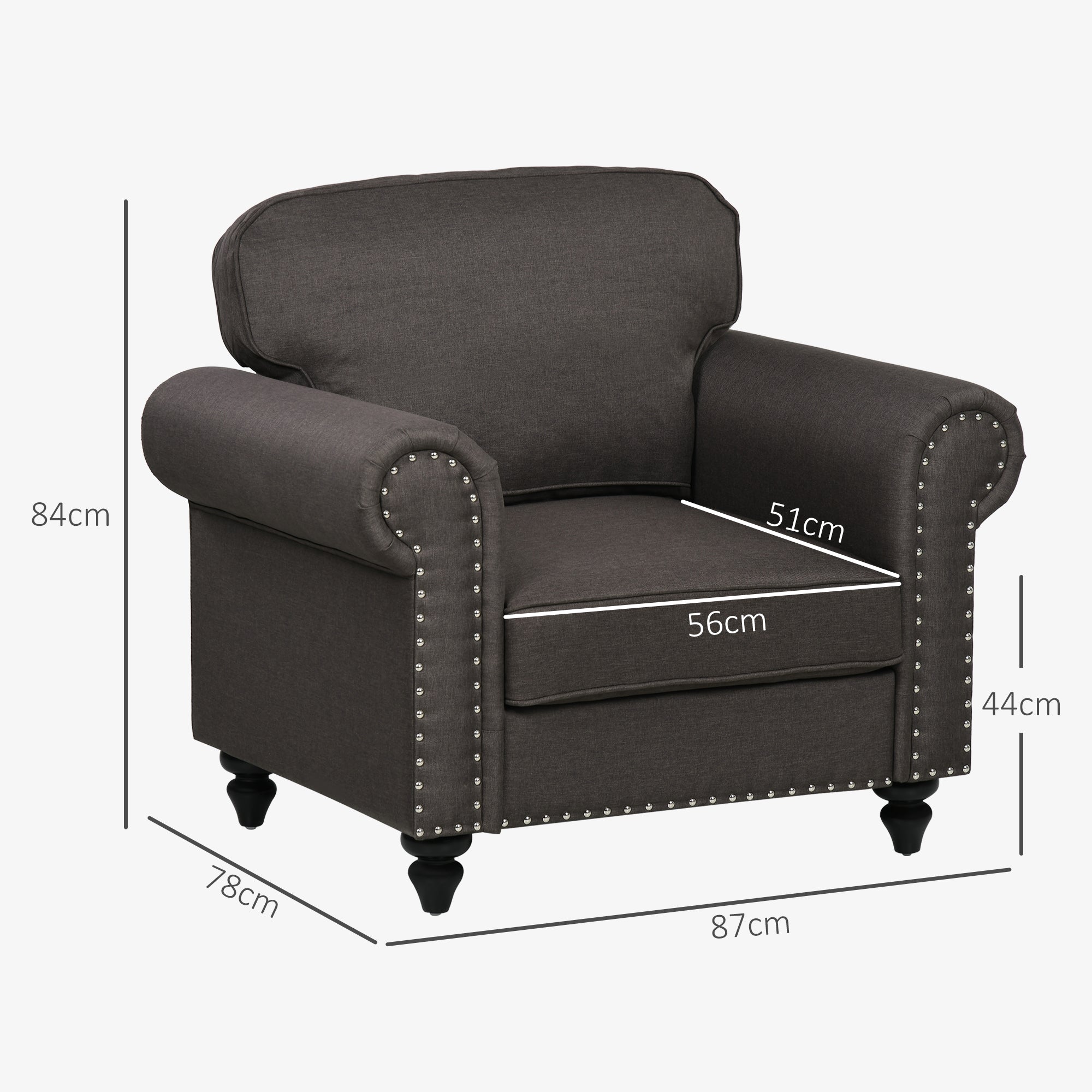 HOMCOM Armchair, Fabric Accent Chair with Nailhead Trim Rolled Arms and Slatted Wood Frame, Upholstered Lounge Chair for Living Room, Bedroom, Home Office, Dark Brown