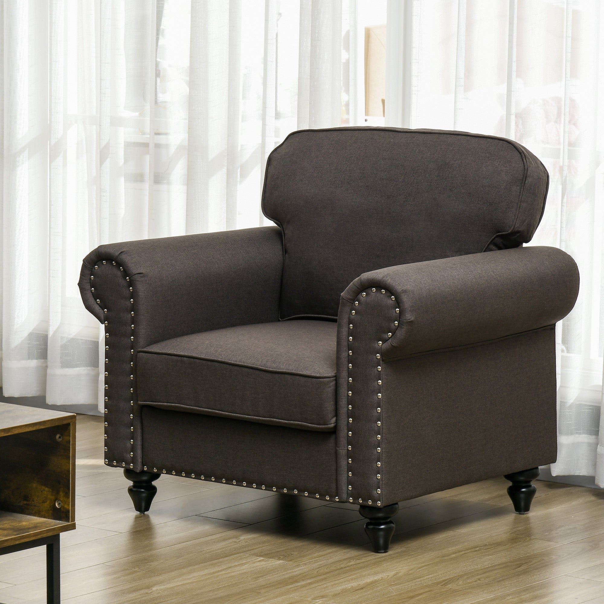 HOMCOM Armchair, Fabric Accent Chair with Nailhead Trim Rolled Arms and Slatted Wood Frame, Upholstered Lounge Chair for Living Room, Bedroom, Home Office, Dark Brown