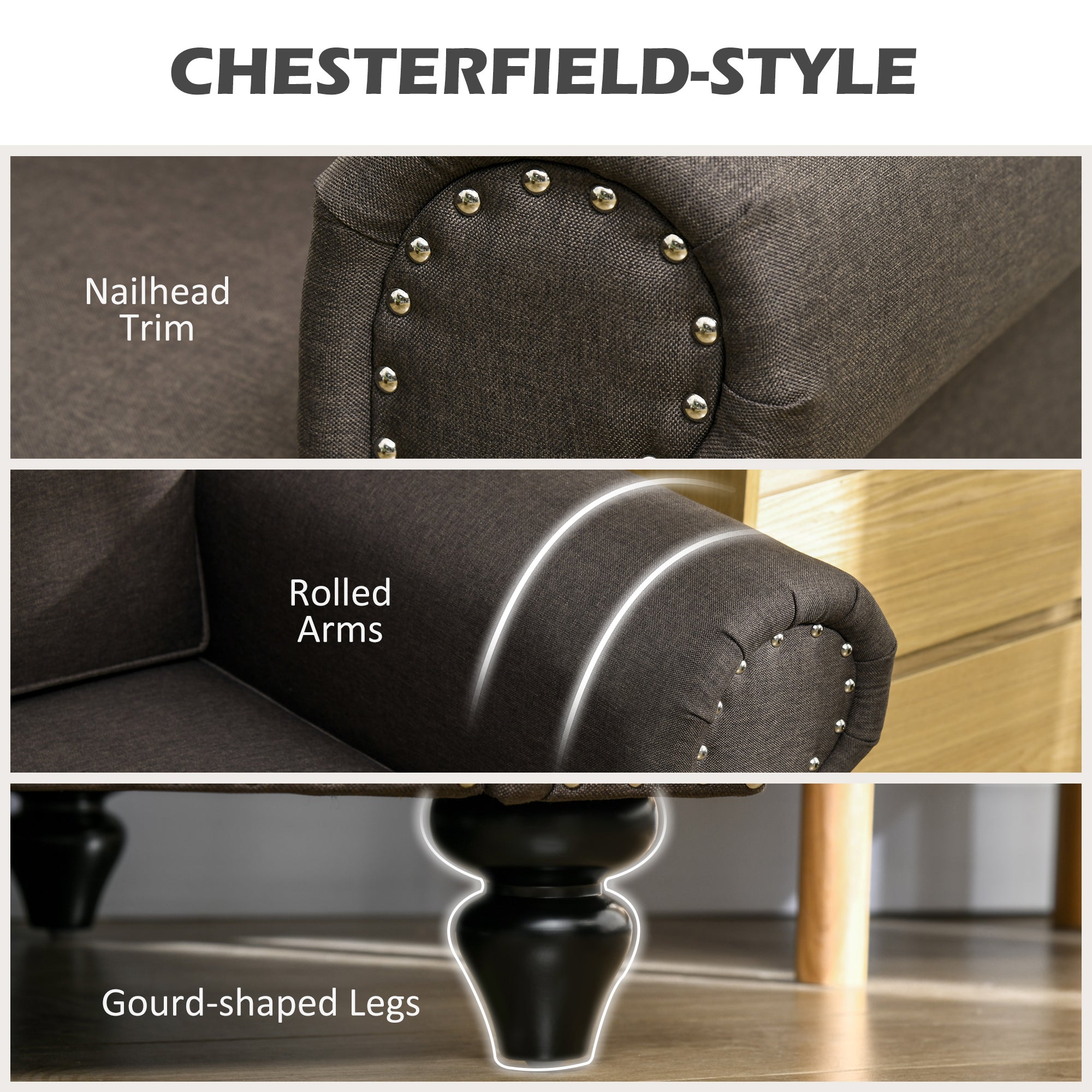 HOMCOM Armchair, Fabric Accent Chair with Nailhead Trim Rolled Arms and Slatted Wood Frame, Upholstered Lounge Chair for Living Room, Bedroom, Home Office, Dark Brown