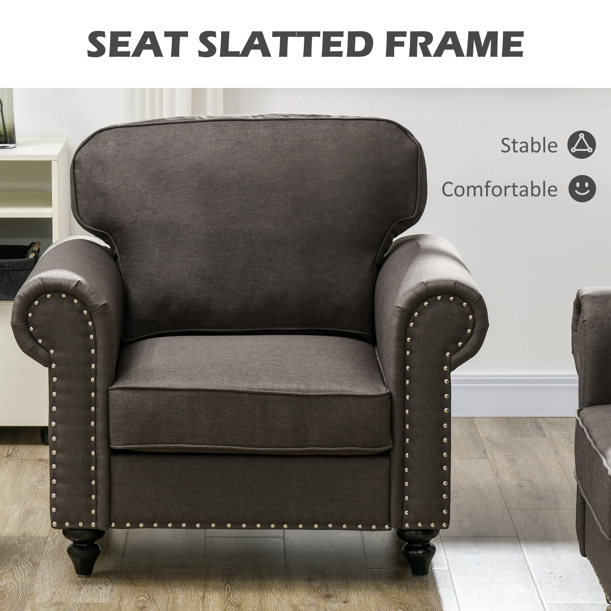 HOMCOM Armchair, Fabric Accent Chair with Nailhead Trim Rolled Arms and Slatted Wood Frame, Upholstered Lounge Chair for Living Room, Bedroom, Home Office, Dark Brown