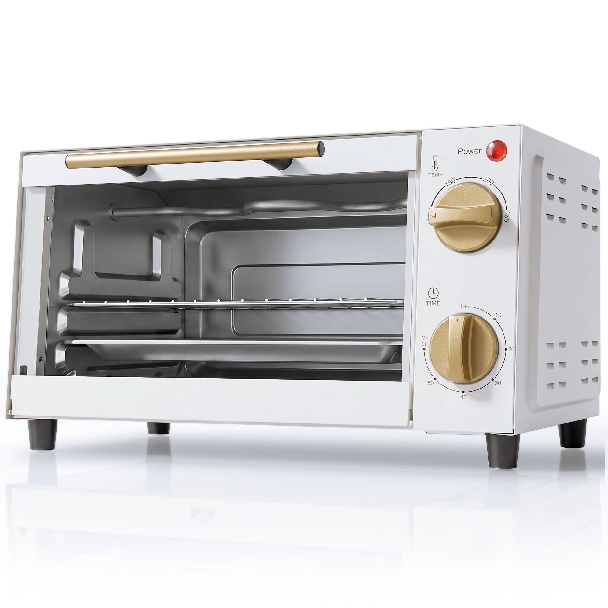 Mini Oven, 9L Countertop Electric Grill, Toaster Oven with Adjustable Temperature, Timer, Dishwasher Safe Baking Tray and Wire Rack, 750W, White