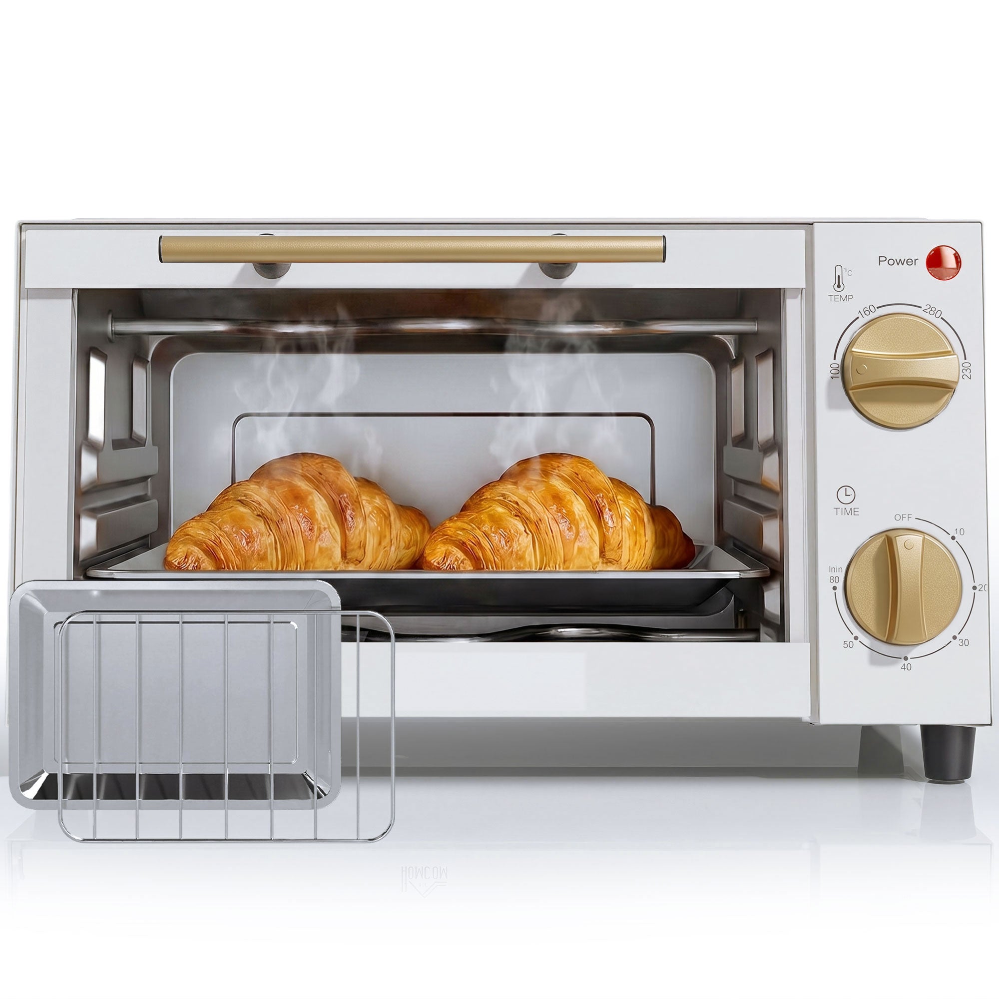 Mini Oven, 9L Countertop Electric Grill, Toaster Oven with Adjustable Temperature, Timer, Dishwasher Safe Baking Tray and Wire Rack, 750W, White