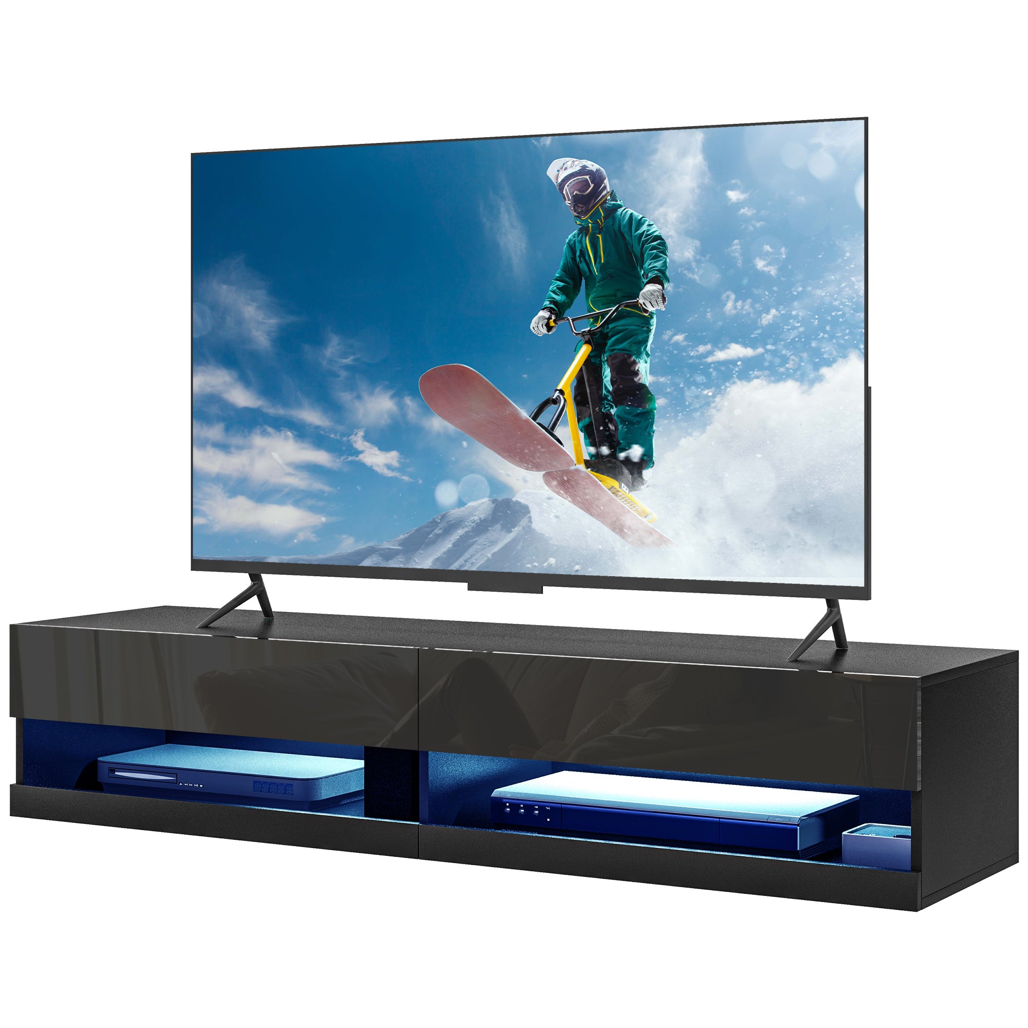 HOMCOM Floating TV Unit, Wall Mounted TV Cabinet for TVs up to 65", High Gloss Media Wall Unit with LED Lights, Storage Shelves for Living Entertainment Room, Black