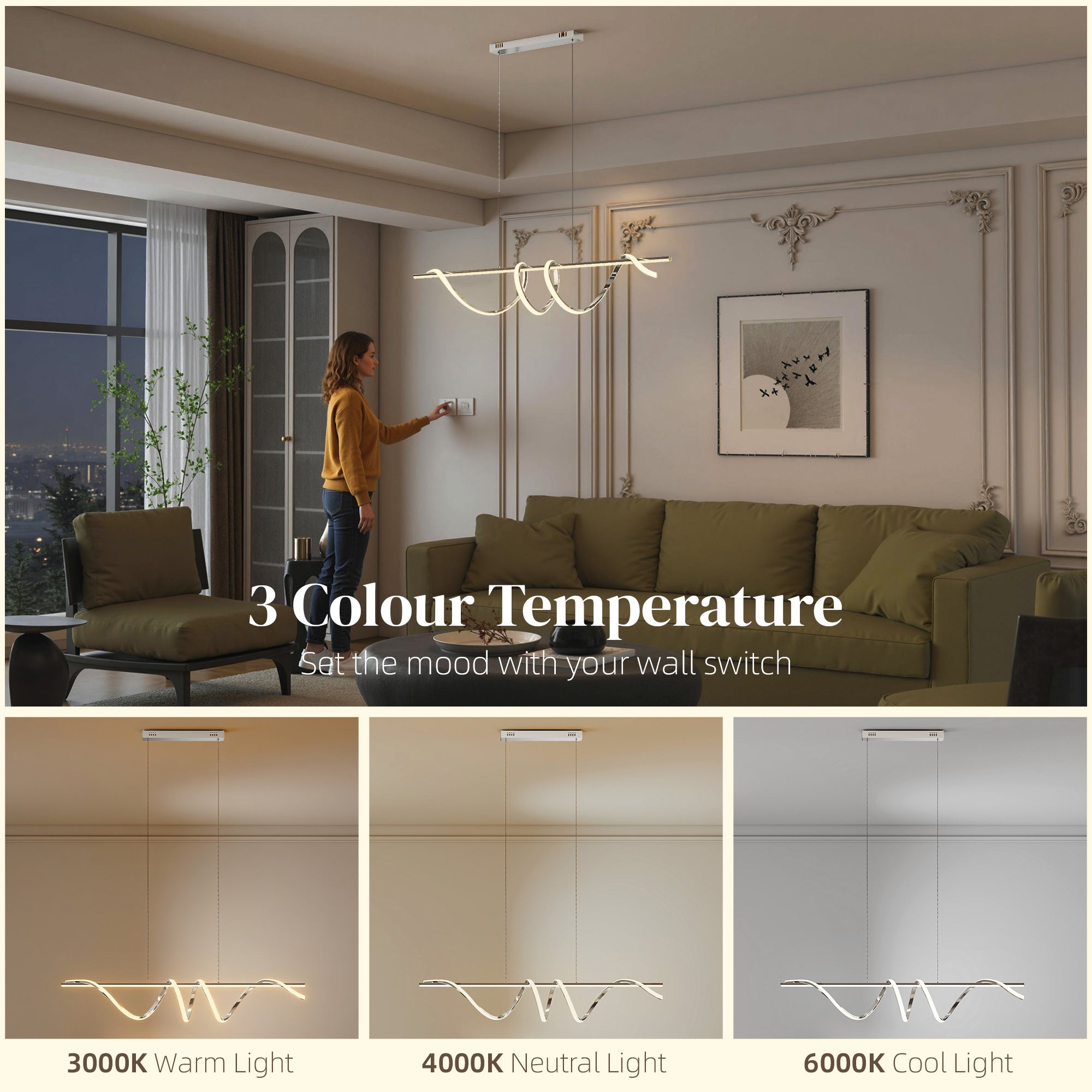 LED Pendant Light, Modern Ceiling Light with 3000K/4000K/6000K Temperatures, Adjustable Height Hanging Fixture with Wall Switch for Kitchen Island, Dining Room, Silver Tone