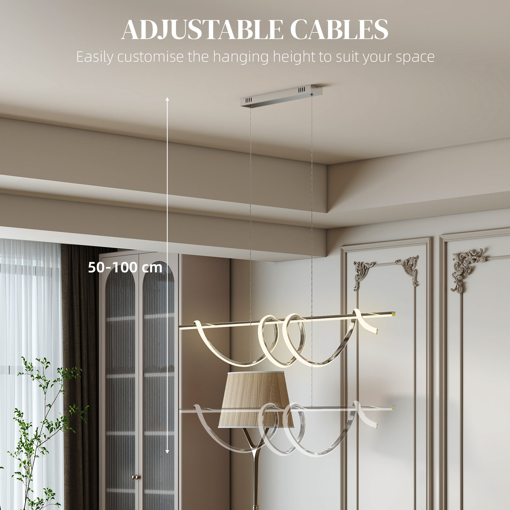 LED Pendant Light, Modern Ceiling Light with 3000K/4000K/6000K Temperatures, Adjustable Height Hanging Fixture with Wall Switch for Kitchen Island, Dining Room, Silver Tone