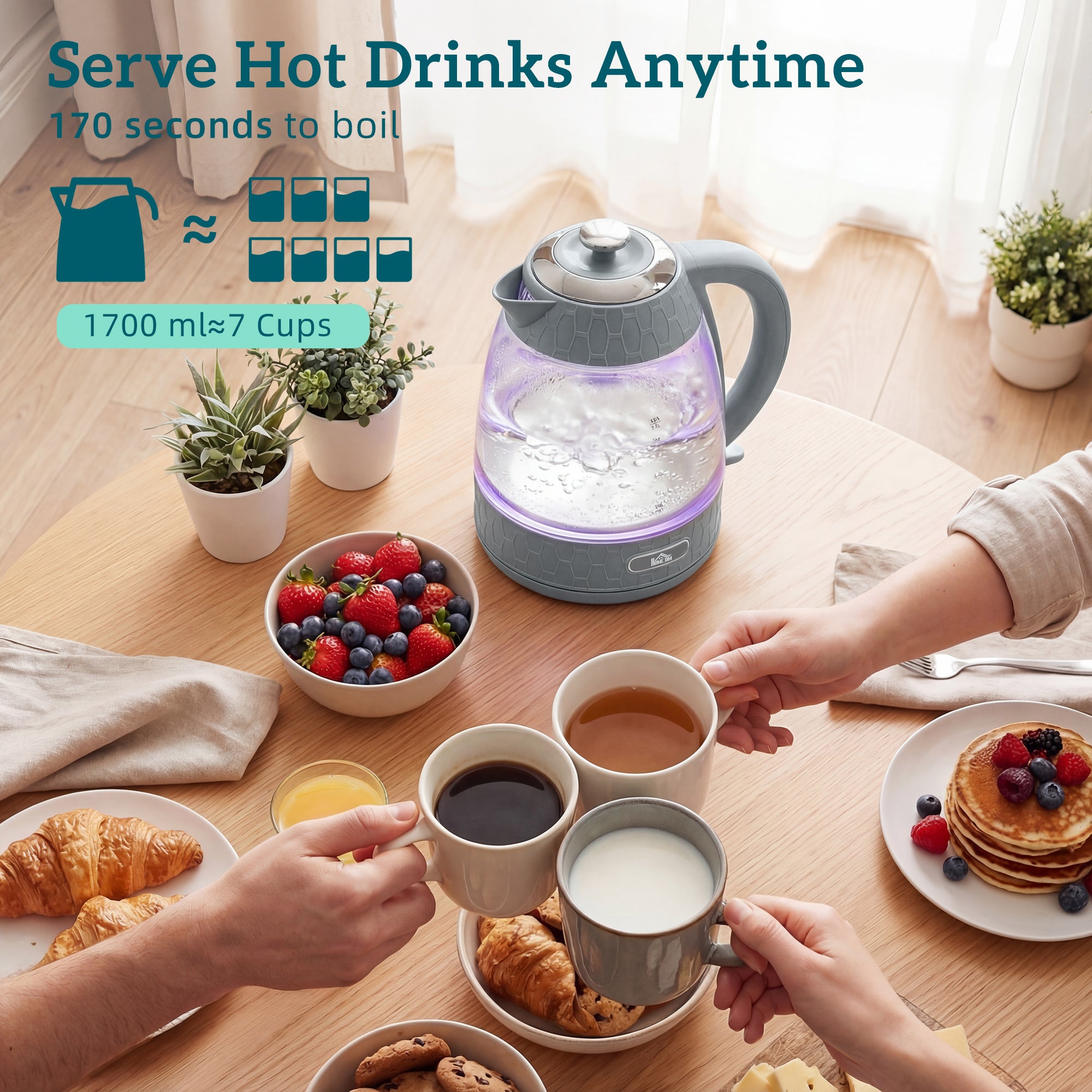 Kettle and Toaster Set, 1.7L 3000W Rapid Boil Jug Kettle with Strix Thermostat, Limescale Filter, 4 Slice Toaster with 7 Browning Controls, Crumb Tray, Grey