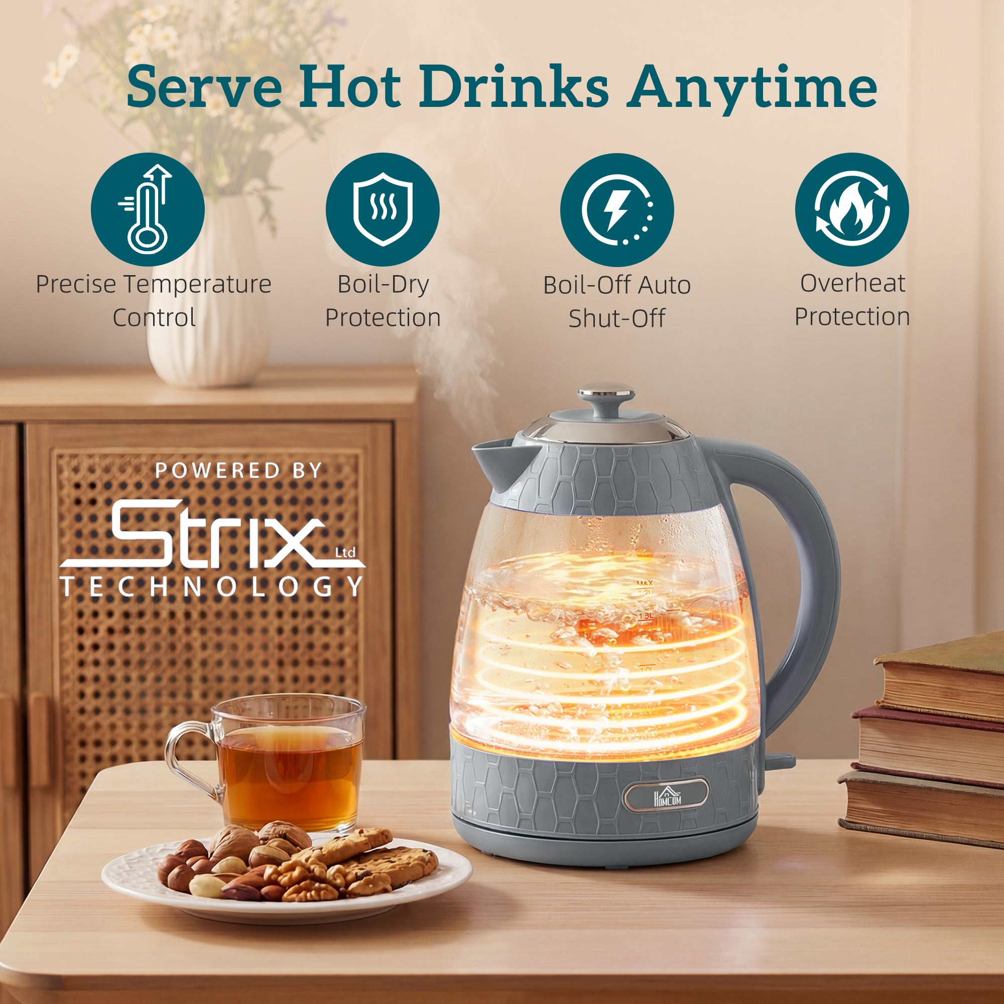 Kettle and Toaster Set, 1.7L 3000W Rapid Boil Jug Kettle with Strix Thermostat, Limescale Filter, 4 Slice Toaster with 7 Browning Controls, Crumb Tray, Grey