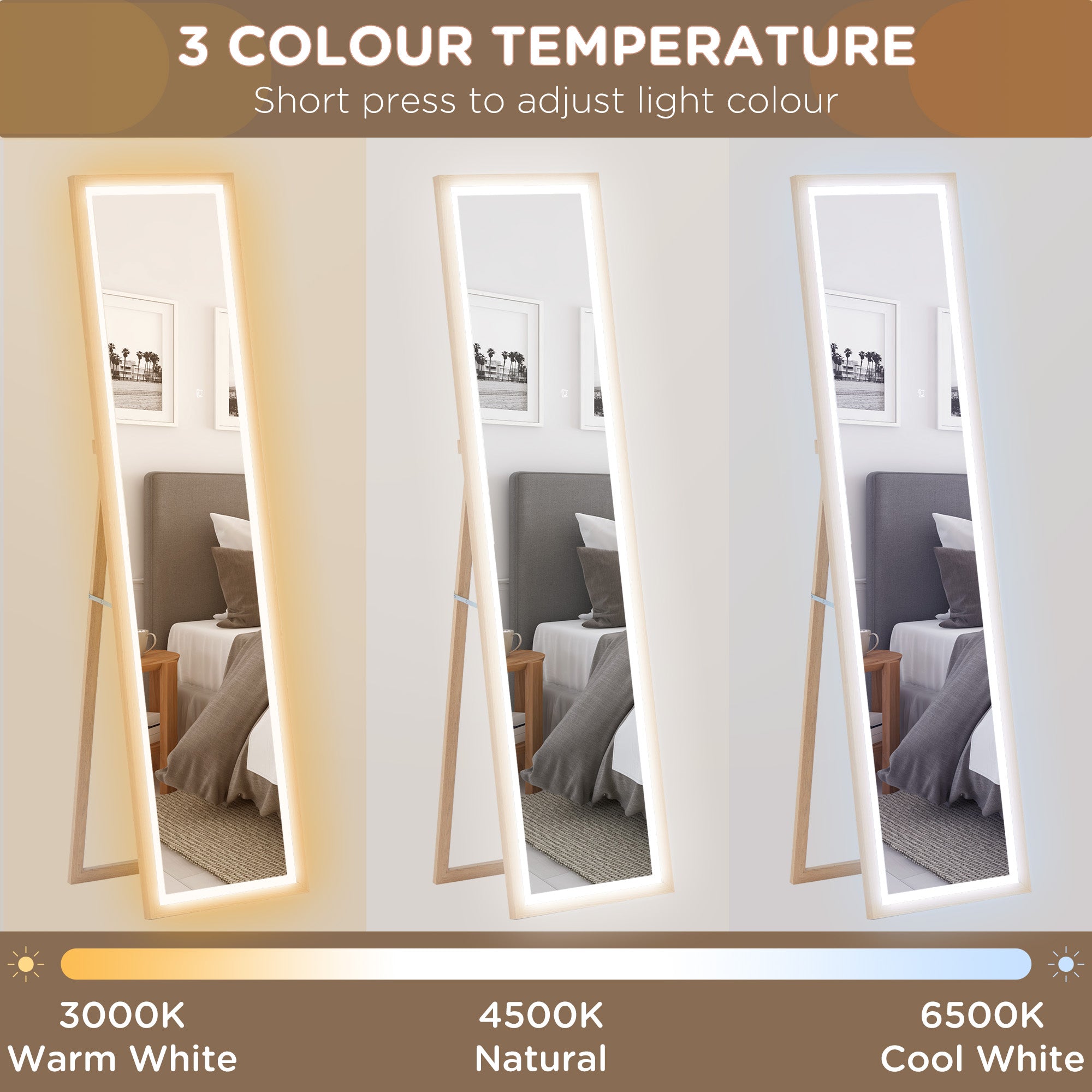 HOMCOM Full Length Mirror with LED Lights, 160 x 40cm Free Standing Mirror with Dimming and 3 Colour Lighting, Leaning or Wall Mirror with Frame for Living Room, Bedroom, Oak