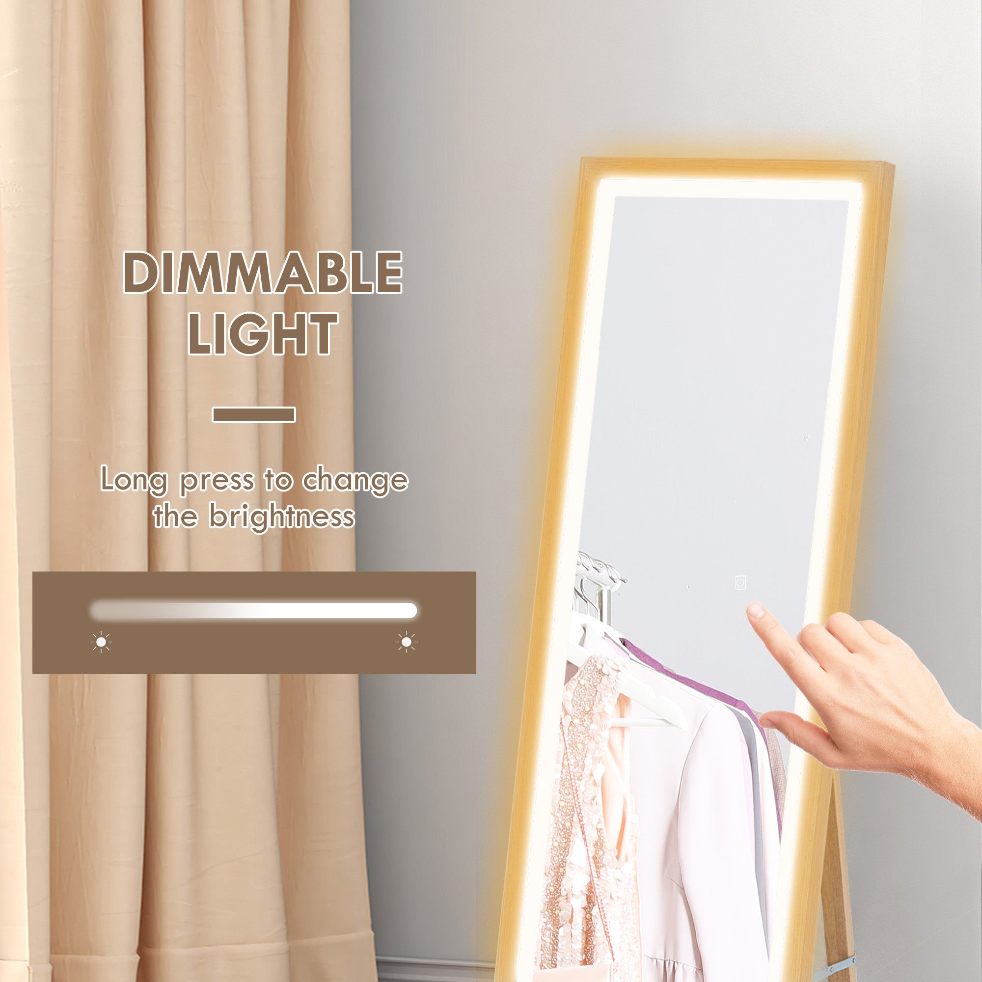 HOMCOM Full Length Mirror with LED Lights, 160 x 40cm Free Standing Mirror with Dimming and 3 Colour Lighting, Leaning or Wall Mirror with Frame for Living Room, Bedroom, Oak