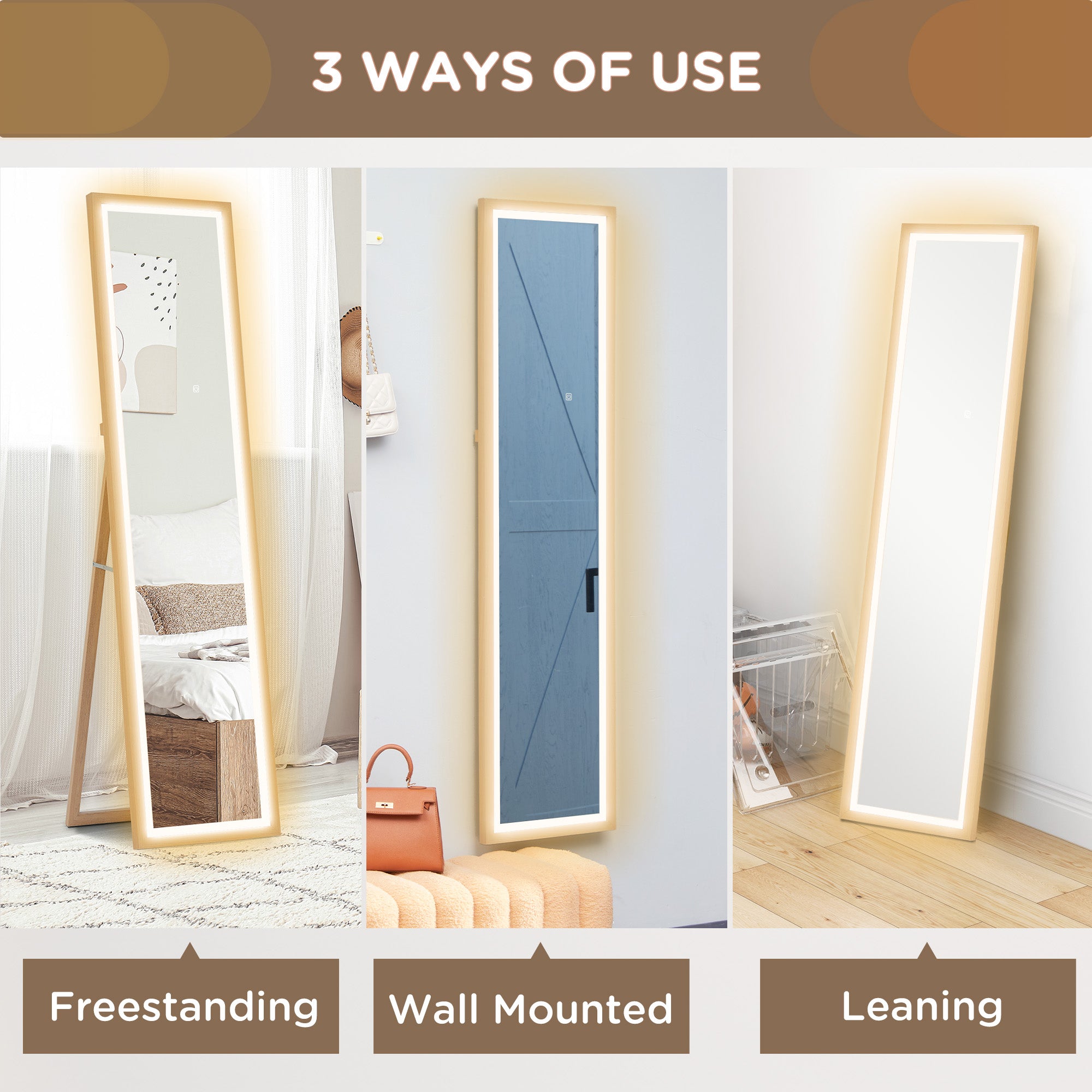 HOMCOM Full Length Mirror with LED Lights, 160 x 40cm Free Standing Mirror with Dimming and 3 Colour Lighting, Leaning or Wall Mirror with Frame for Living Room, Bedroom, Oak