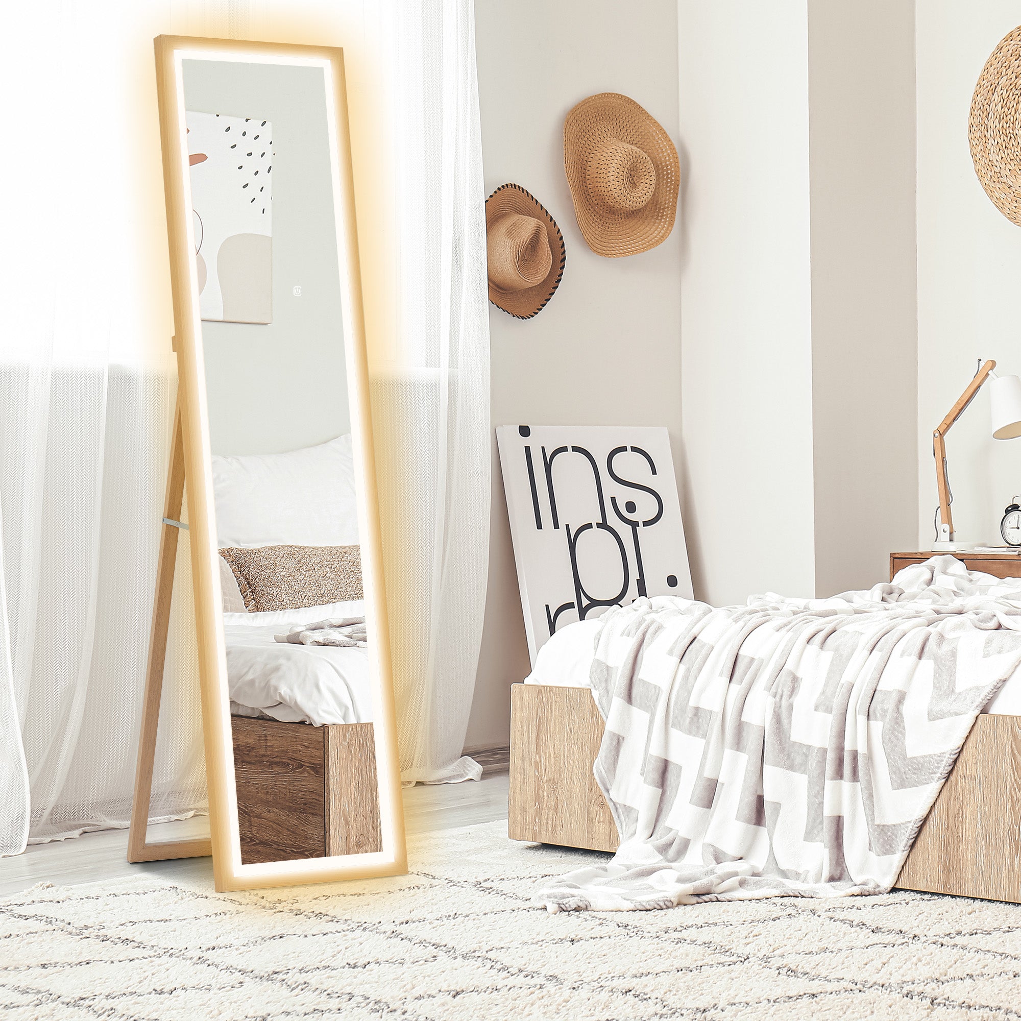 HOMCOM Full Length Mirror with LED Lights, 160 x 40cm Free Standing Mirror with Dimming and 3 Colour Lighting, Leaning or Wall Mirror with Frame for Living Room, Bedroom, Oak