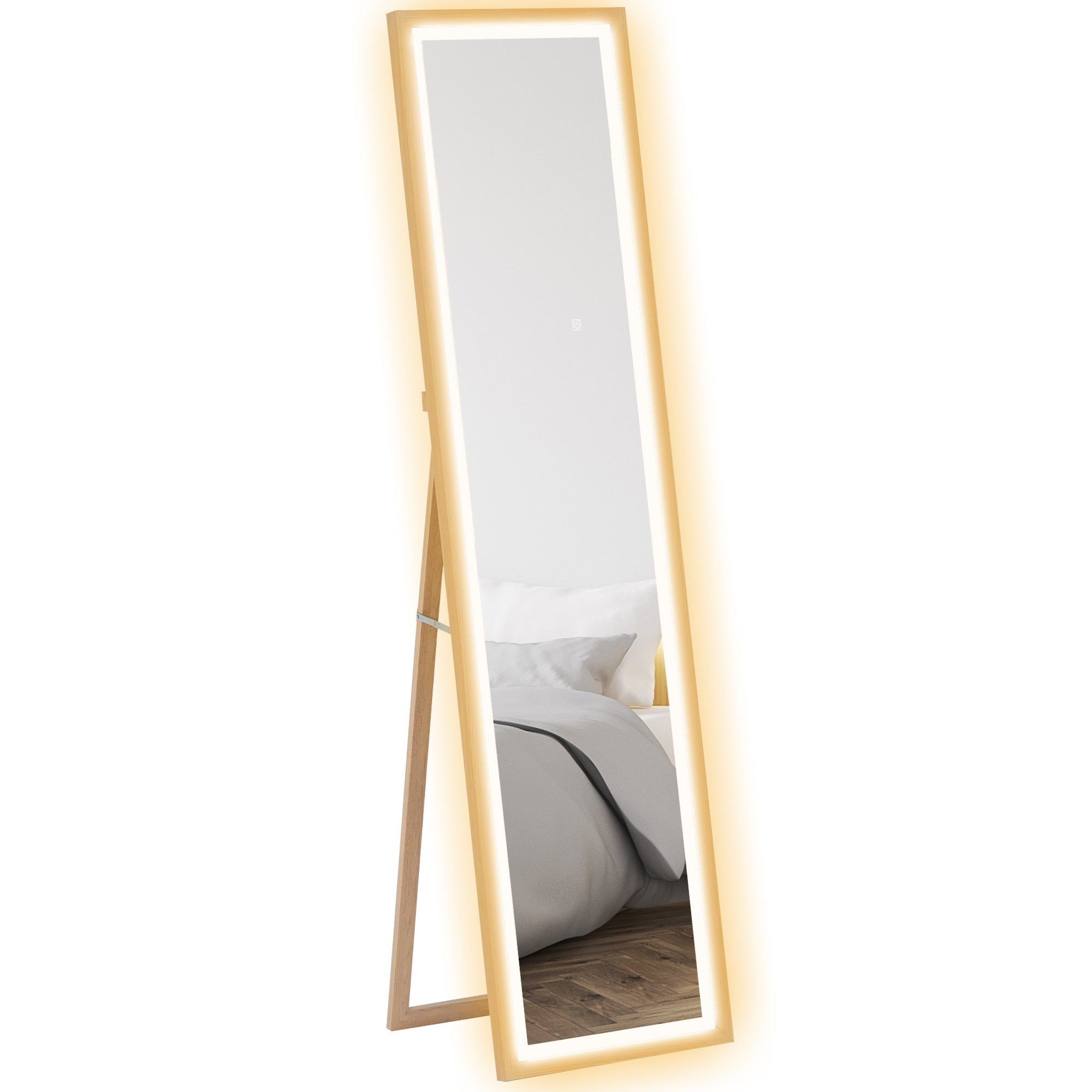 HOMCOM Full Length Mirror with LED Lights, 160 x 40cm Free Standing Mirror with Dimming and 3 Colour Lighting, Leaning or Wall Mirror with Frame for Living Room, Bedroom, Oak