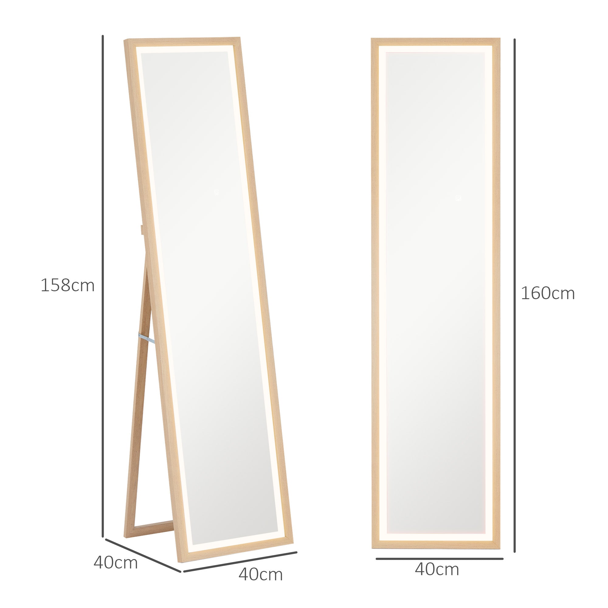 HOMCOM Full Length Mirror with LED Lights, 160 x 40cm Free Standing Mirror with Dimming and 3 Colour Lighting, Leaning or Wall Mirror with Frame for Living Room, Bedroom, Oak