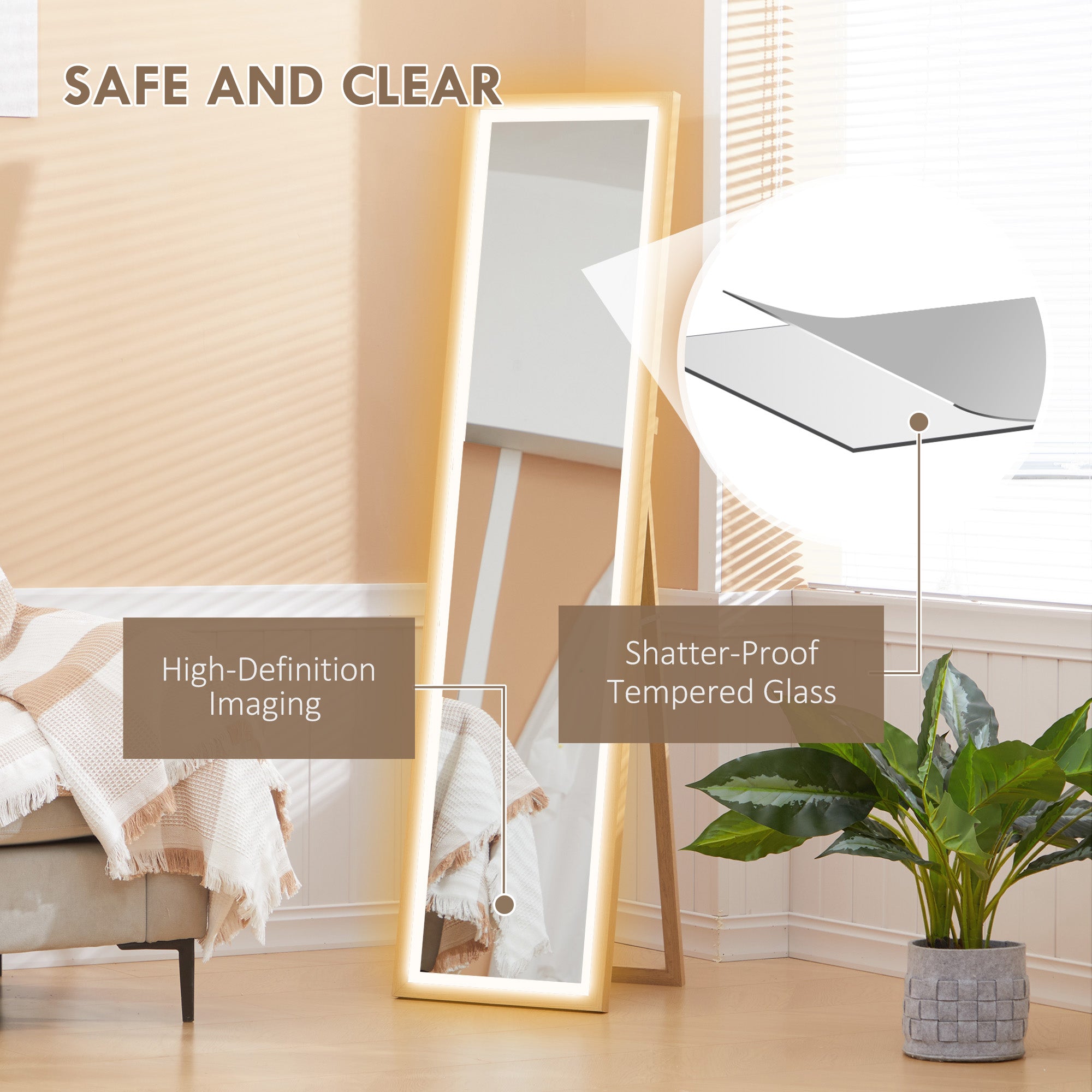 HOMCOM Full Length Mirror with LED Lights, 160 x 40cm Free Standing Mirror with Dimming and 3 Colour Lighting, Leaning or Wall Mirror with Frame for Living Room, Bedroom, Oak