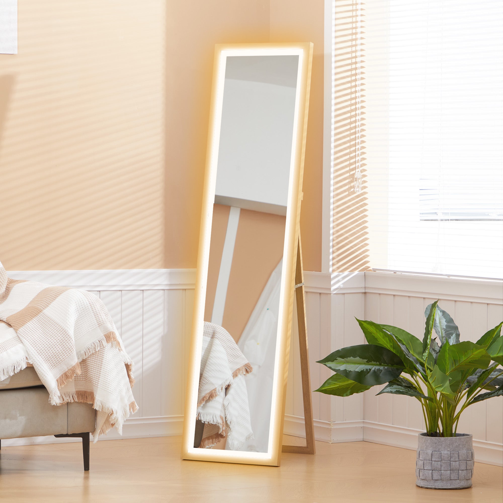 HOMCOM Full Length Mirror with LED Lights, 160 x 40cm Free Standing Mirror with Dimming and 3 Colour Lighting, Leaning or Wall Mirror with Frame for Living Room, Bedroom, Oak